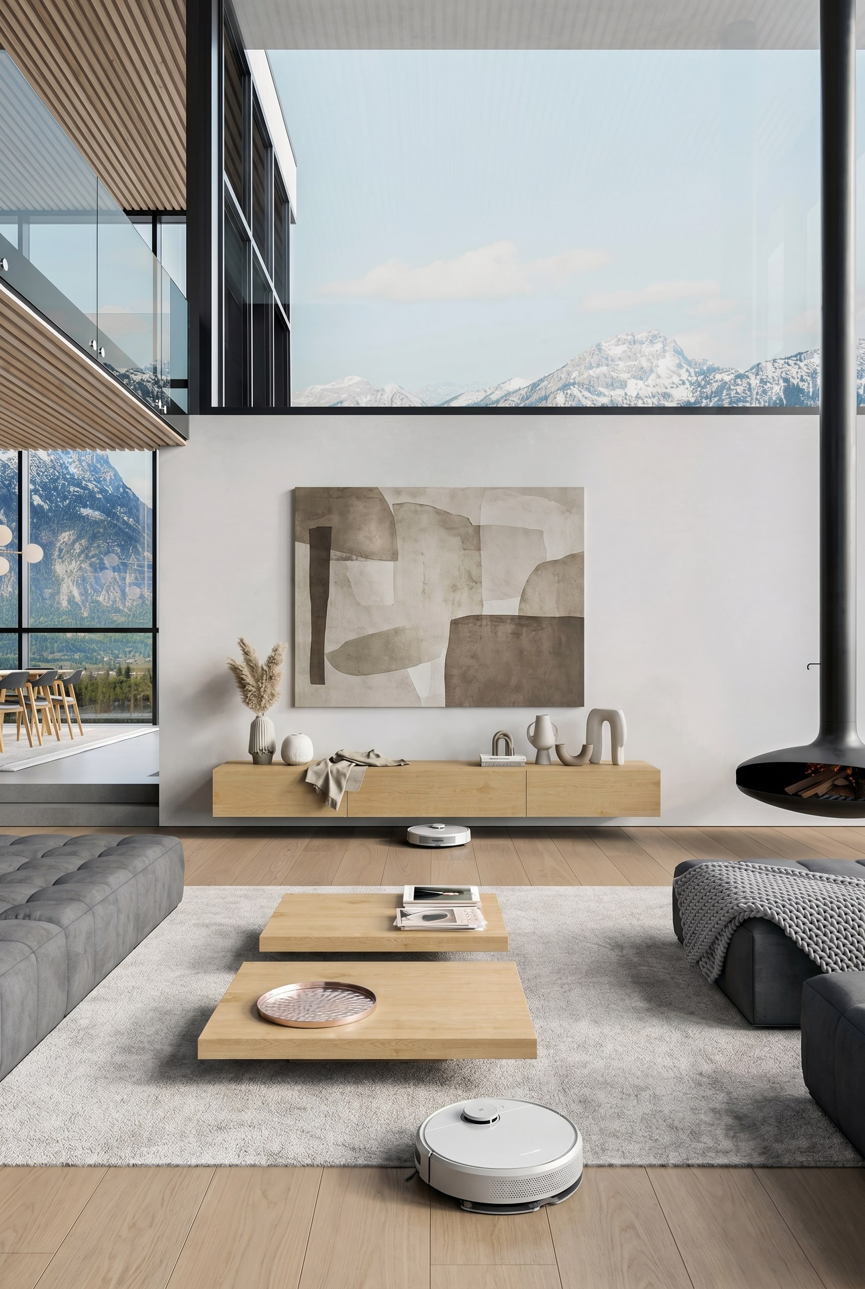 Modern living room with a floating solid wood lowboard and an intelligent robot vacuum on the floor