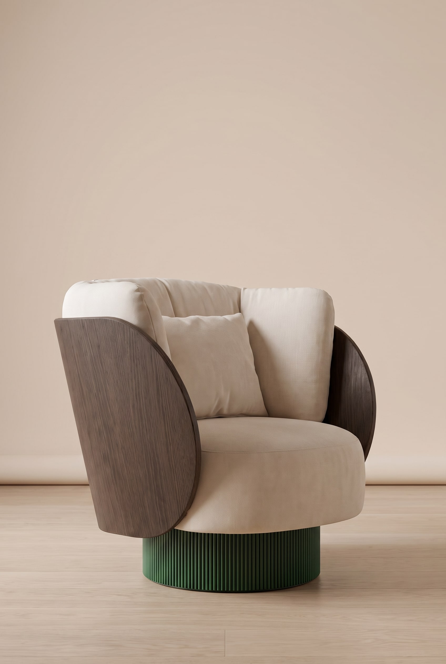 The Punt Dune Lounge Armchair with a curved wooden backrest by Monica Armani.