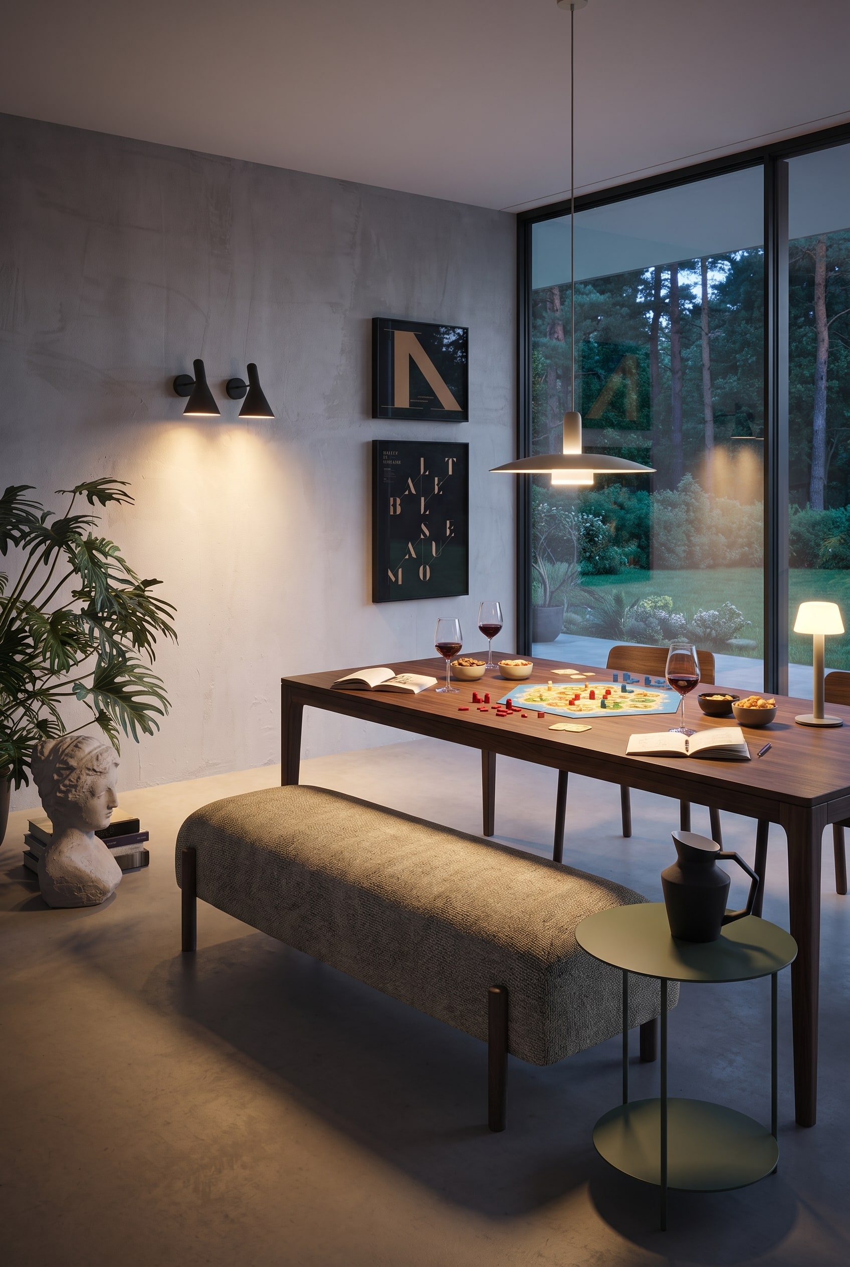 Modernes Interieur mit einer gepolsterten Sitzbank auf Holzbeinen, einem grünen Beistelltisch und Kunstprints an der Wand