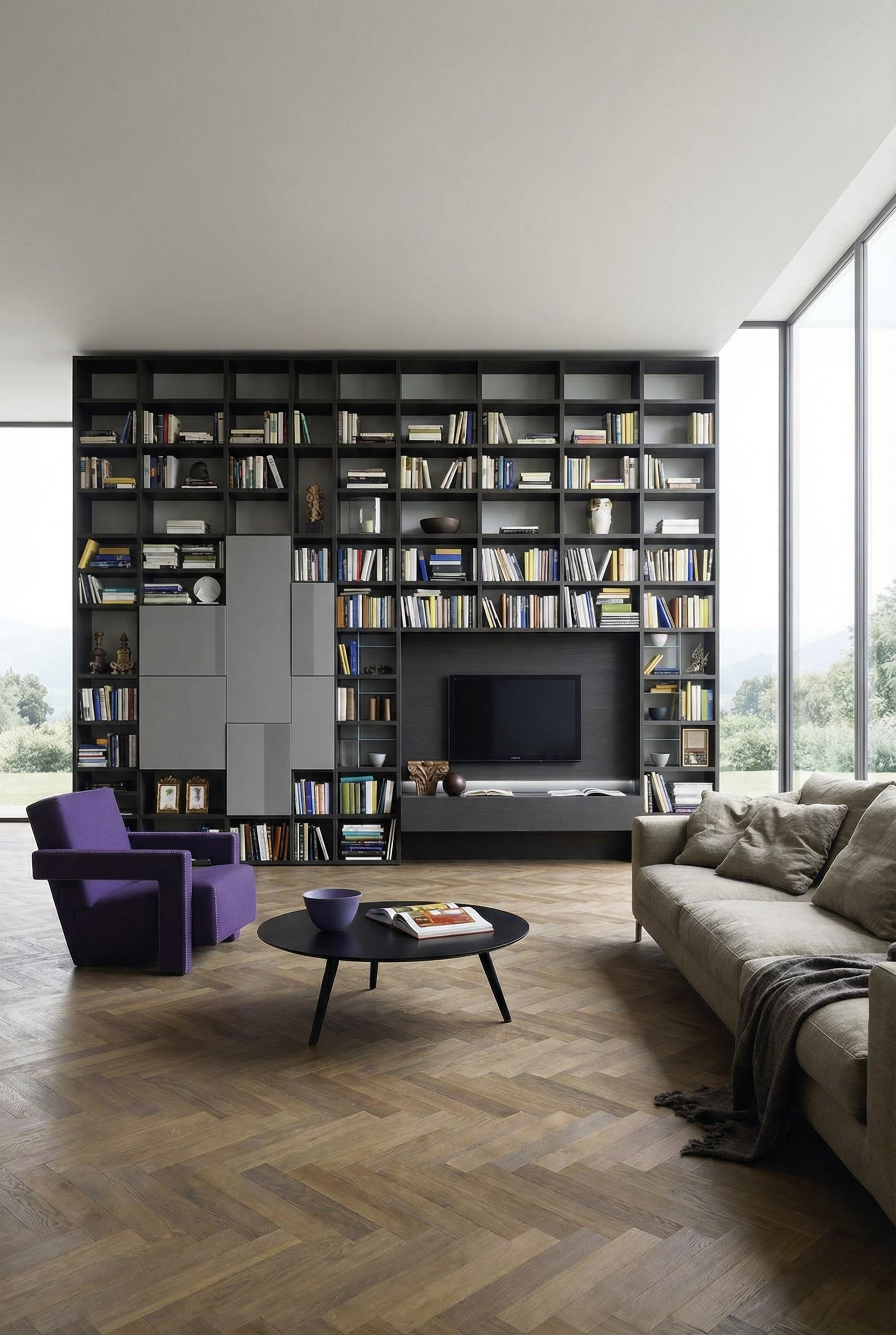 Dunkles Livitalia Wohnzimmerregal C54 mit perfekt proportionierten B&uuml;chern und Deko-Elementen nach der 60-30-10 Regel.