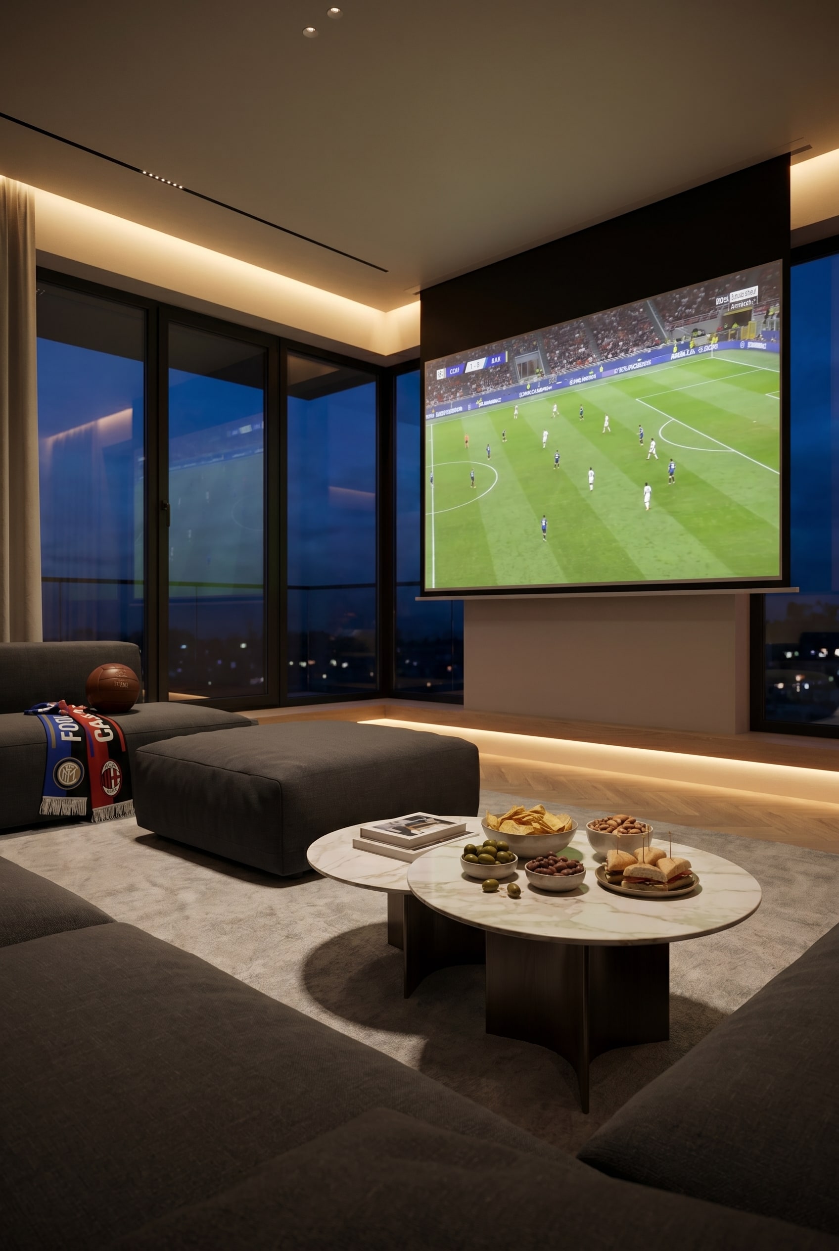 Minimalist living room with dark pouf in the foreground, soft light falling through light curtains and a modern sofa in the background