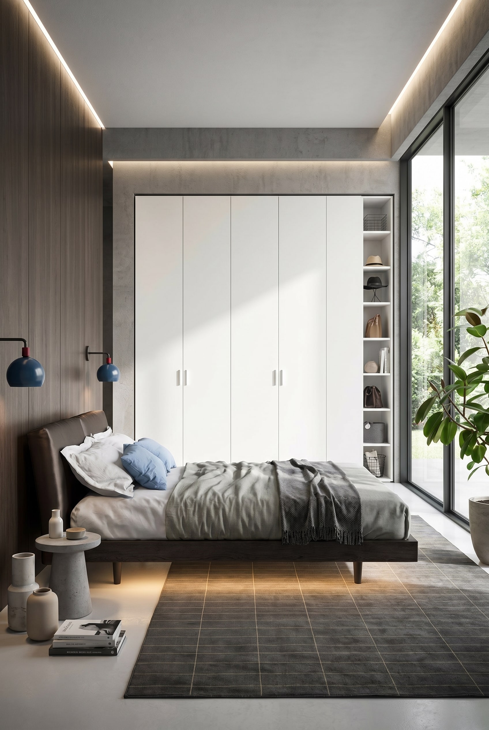 Helles modernes Schlafzimmer mit deckenhohem wei&szlig;en Kleiderschrank mit Fl&uuml;gelt&uuml;ren und gro&szlig;en Fensterfronten in die Natur