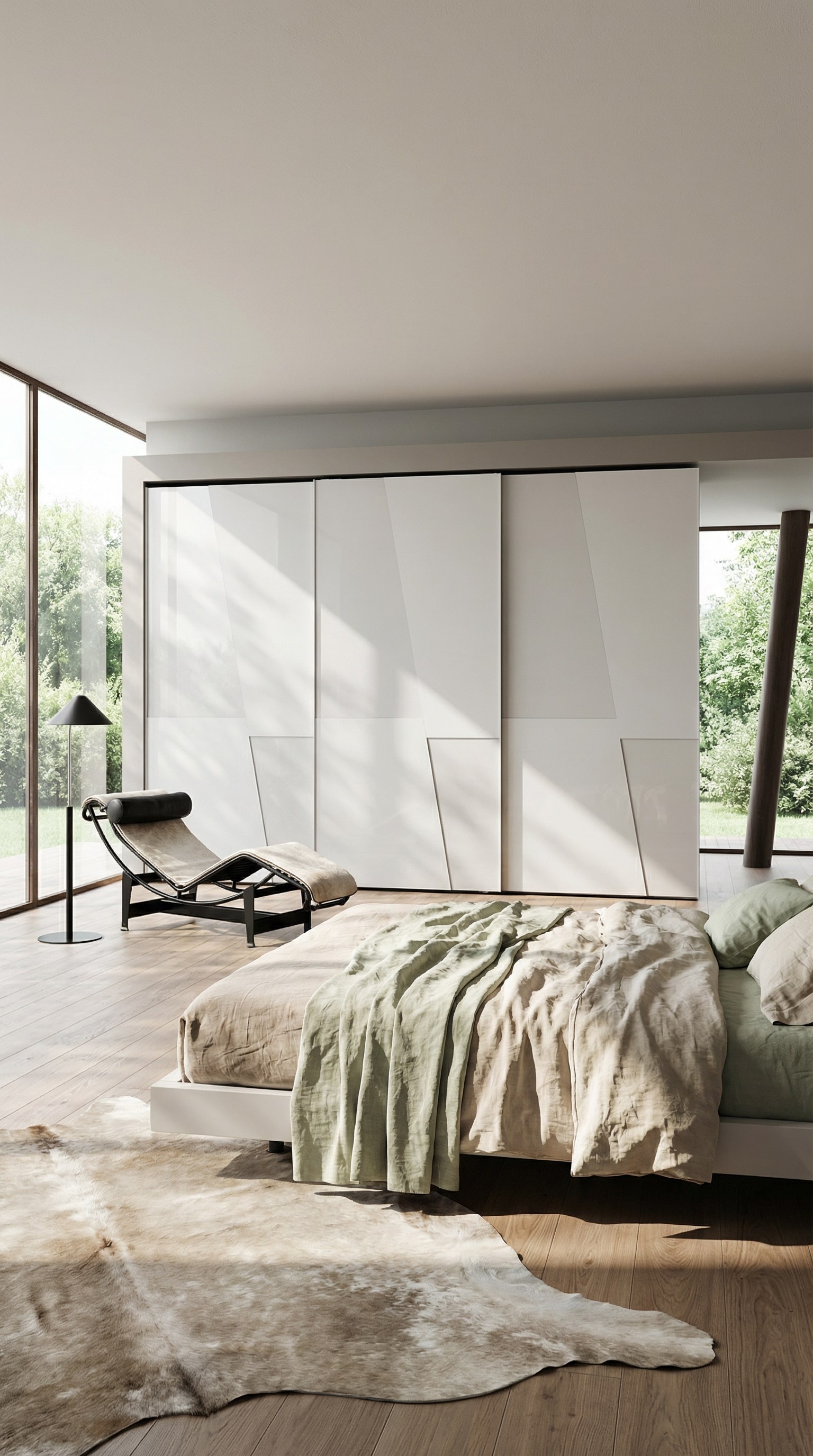Modernes Schlafzimmer im Frühling mit dem Livitalia Kleiderschrank Diagonal Schiebetüren, dessen diagonale Linien das Design auflockern. Modernes Schlafzimmer im Frühling mit dem Livitalia Kleiderschrank Diagonal Schiebetüren, dessen diagonale Linien das Design auflockern.