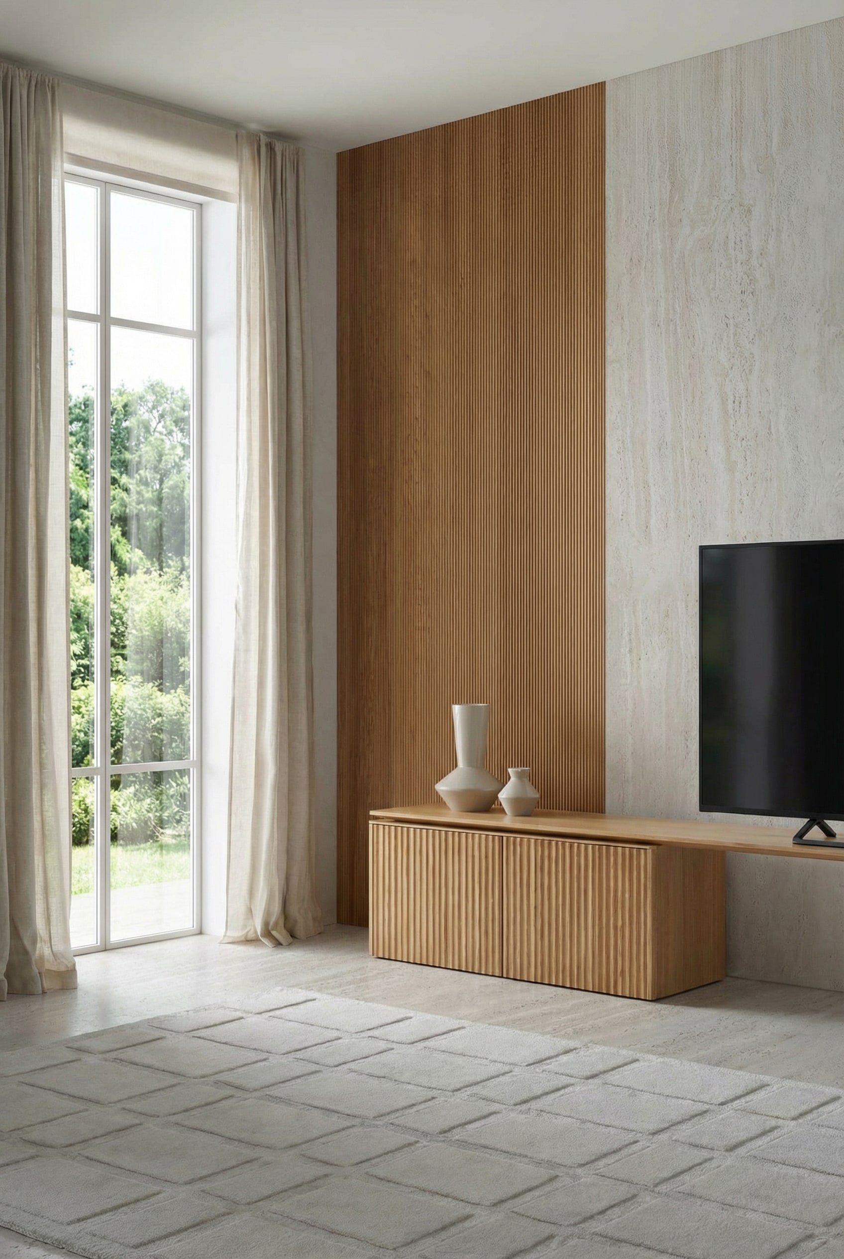 Elegante TV Bank aus Holz mit vertikalen Rillenfronten in einem hellen, modernen Wohnzimmer Elegante TV Bank aus Holz mit vertikalen Rillenfronten in einem hellen, modernen Wohnzimmer