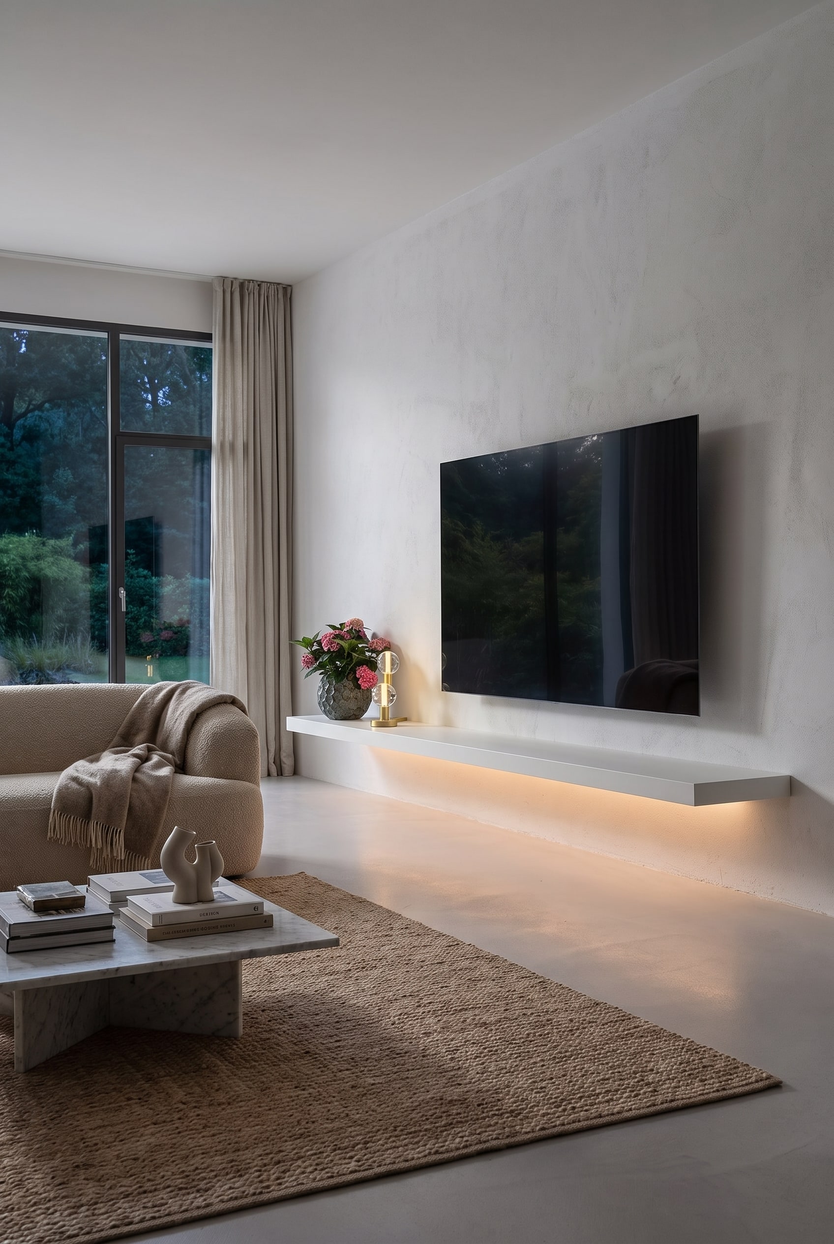 Bright living room with a floating lowboard in matte white, a glass designer vase, and a flat-screen TV