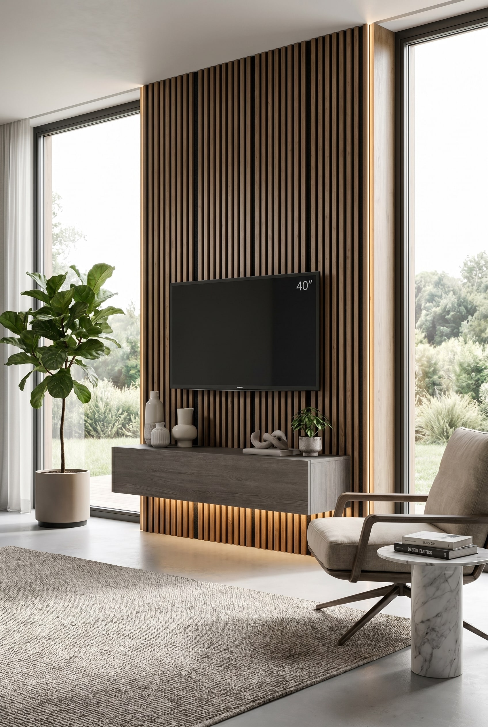 Graues Eichenholz-Lowboard wandhängend montiert unter einem schwarzen Bildschirm im hellen Architektenhaus