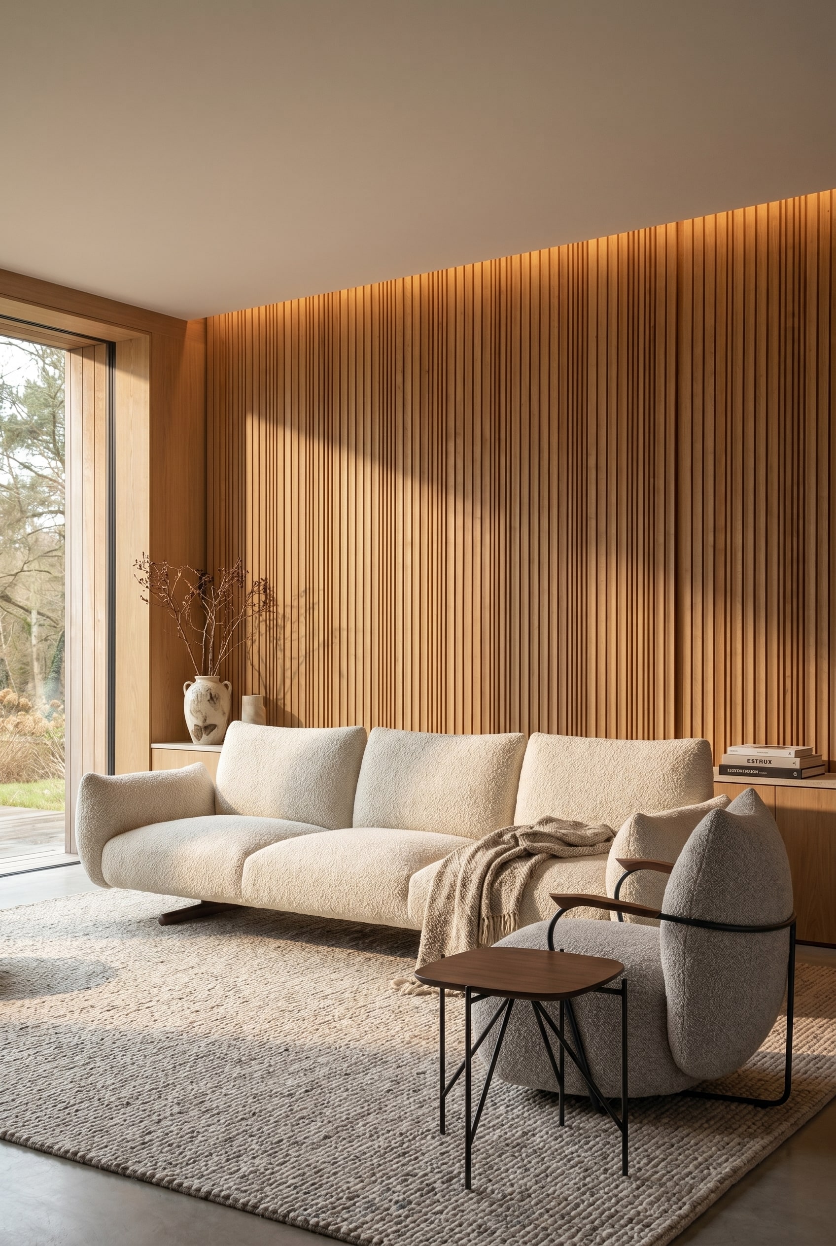 Modern living room with a light oak slatted wall, in front of it a voluminous cream-colored bouclé sofa with a subtle wall distance