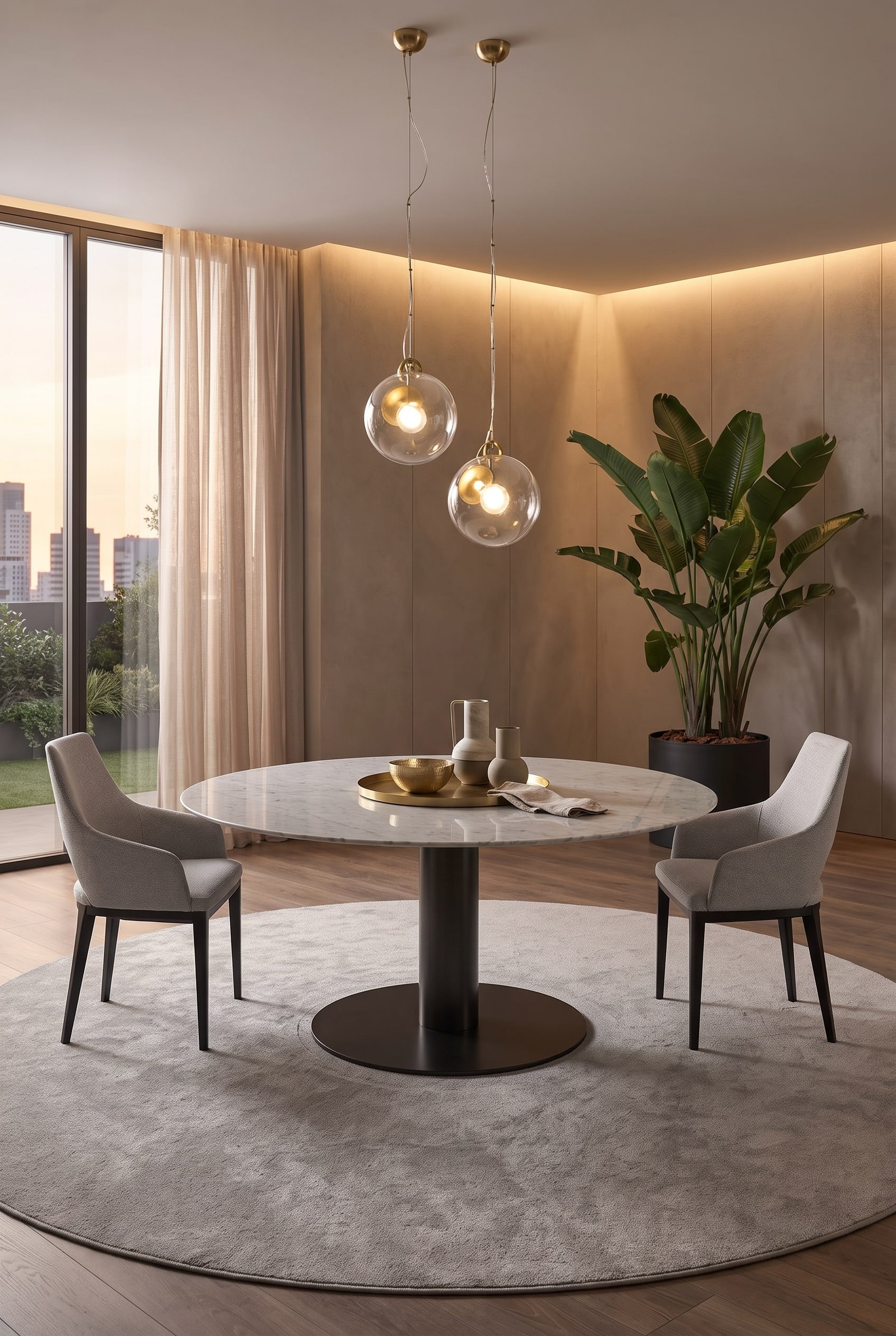 Modern dining room with round marble table, circular brass tray and light grey upholstered chairs