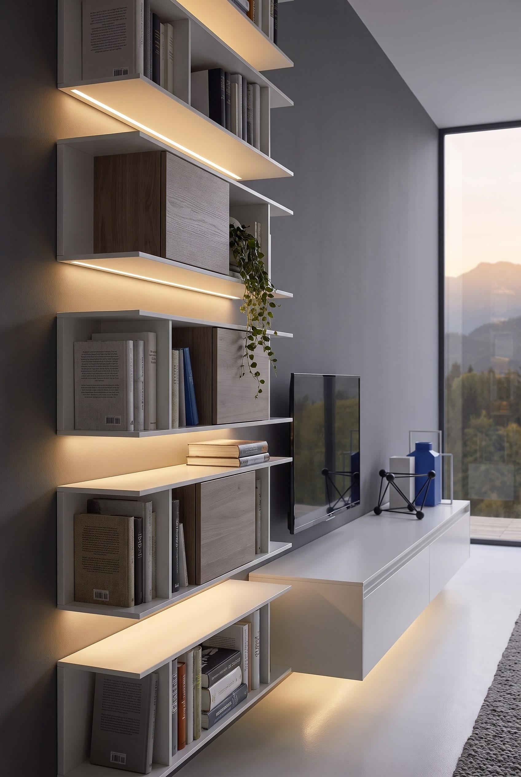 Offenes Wandregal neben dem Fernseher dekoriert mit Büchern und Hängepflanzen im modernen Design.