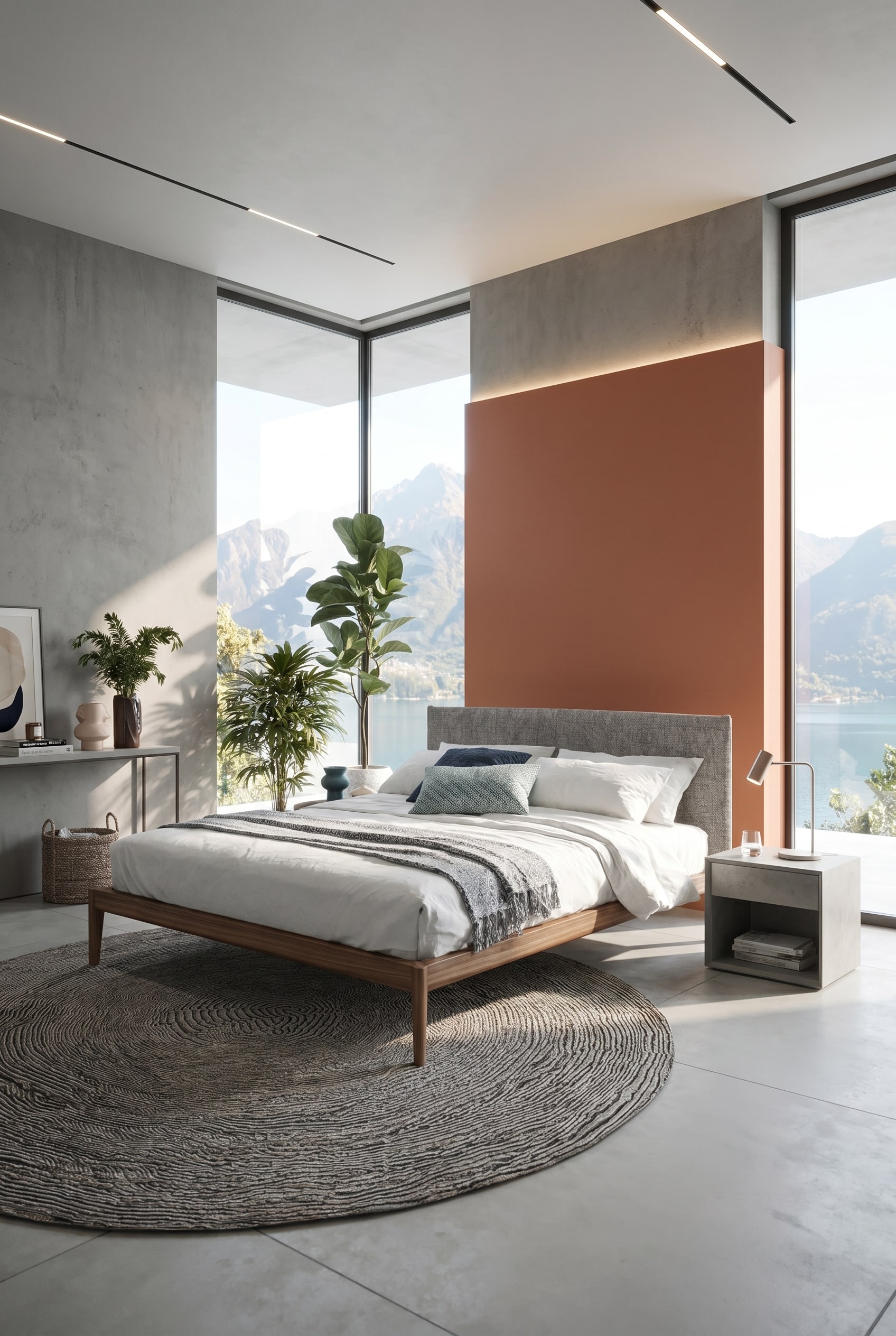 Solid wood bed frame in front of an asymmetrically painted room corner with a view of a mountain landscape