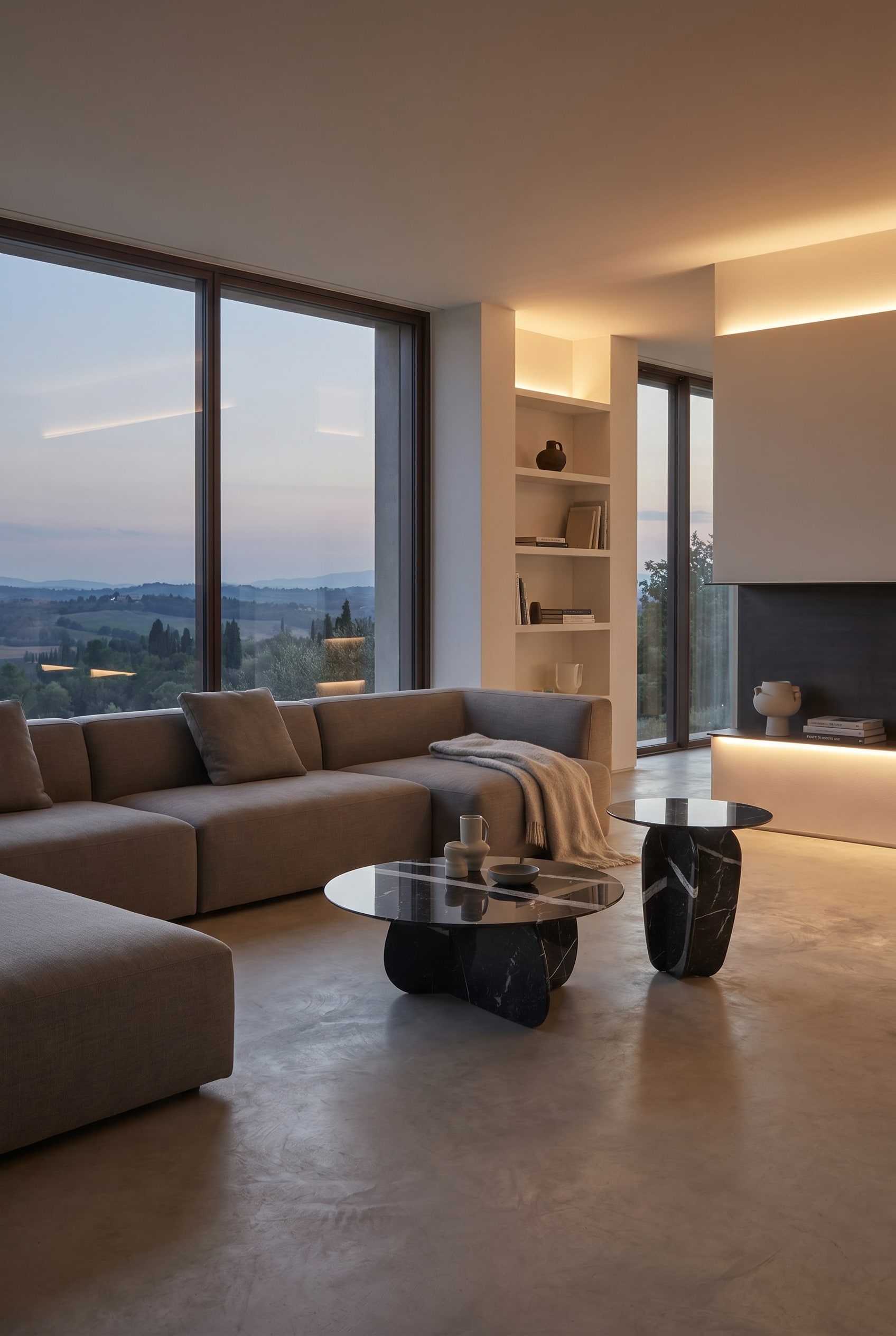 Minimalistisches Wohnzimmer mit kantigem Ecksofa und einem runden Naturstein-Couchtisch mit sanfter dunkler Marmorierung