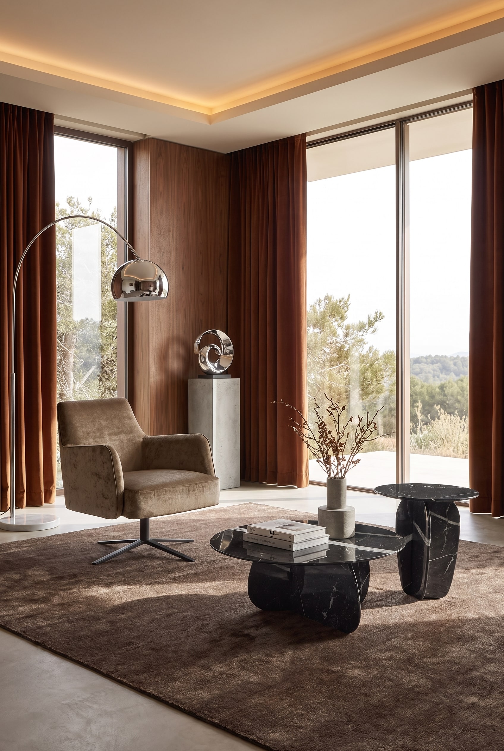 Modern living room with an organically shaped armchair in rust-brown velvet in front of a large window front