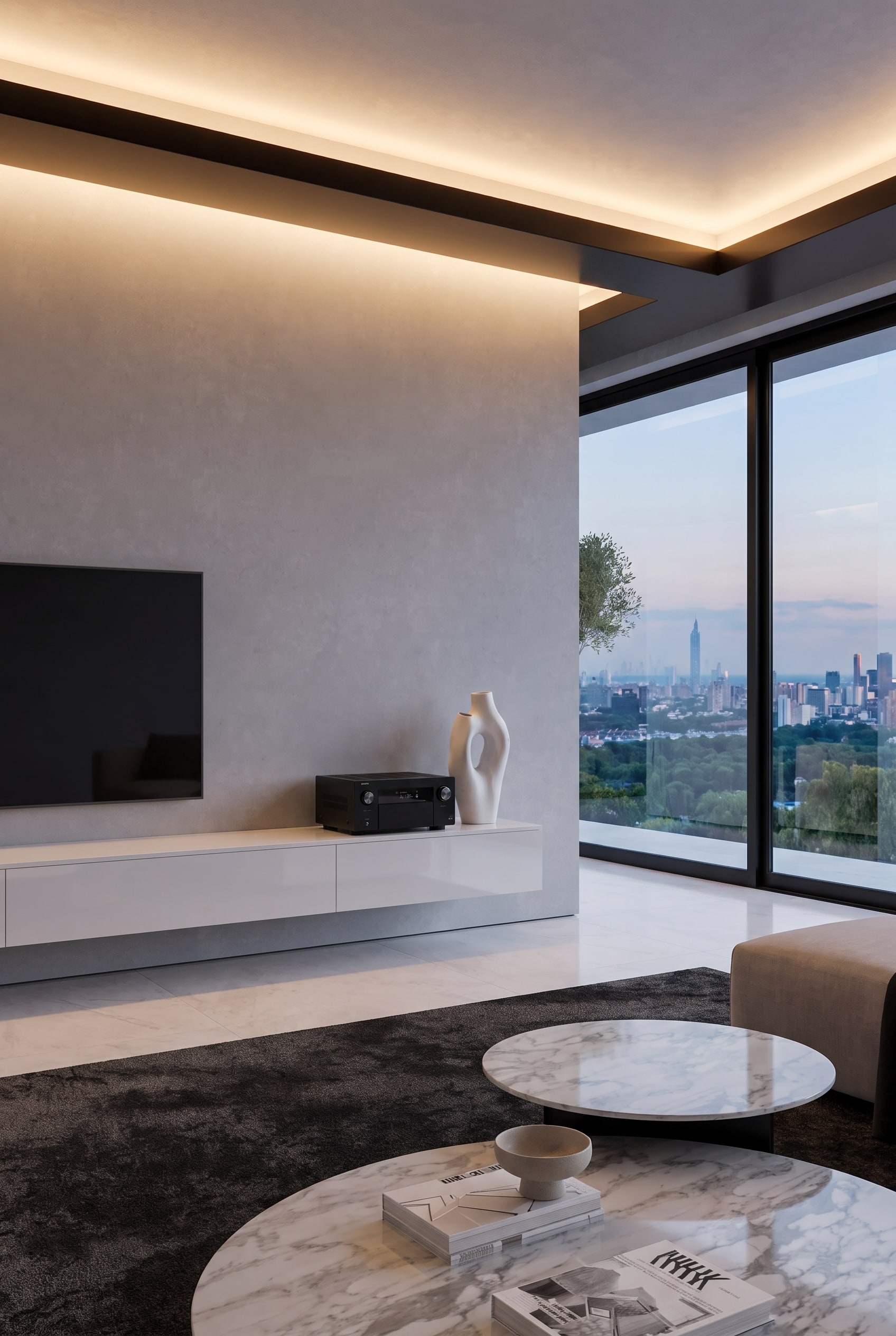 Modern living room in Clean-Room style with a handleless white lowboard, smooth fronts, and indirect lighting