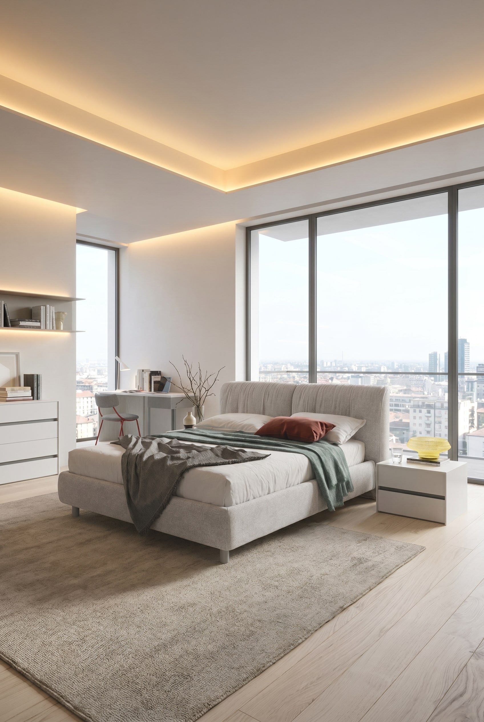 Modern bedroom with floor-to-ceiling windows, a large upholstered bed in light grey, a beige wool rug, and minimalist white bedside tables in soft backlight