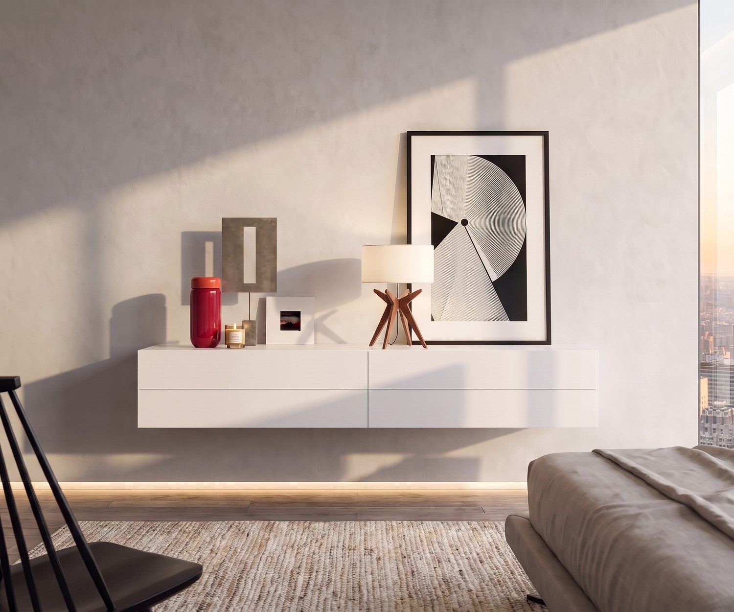 Hängekommode im Schlafzimmer: Weiße Novamobili Hängekommode Easy mit 4 Schubladen in modernem, minimalistischem Design.