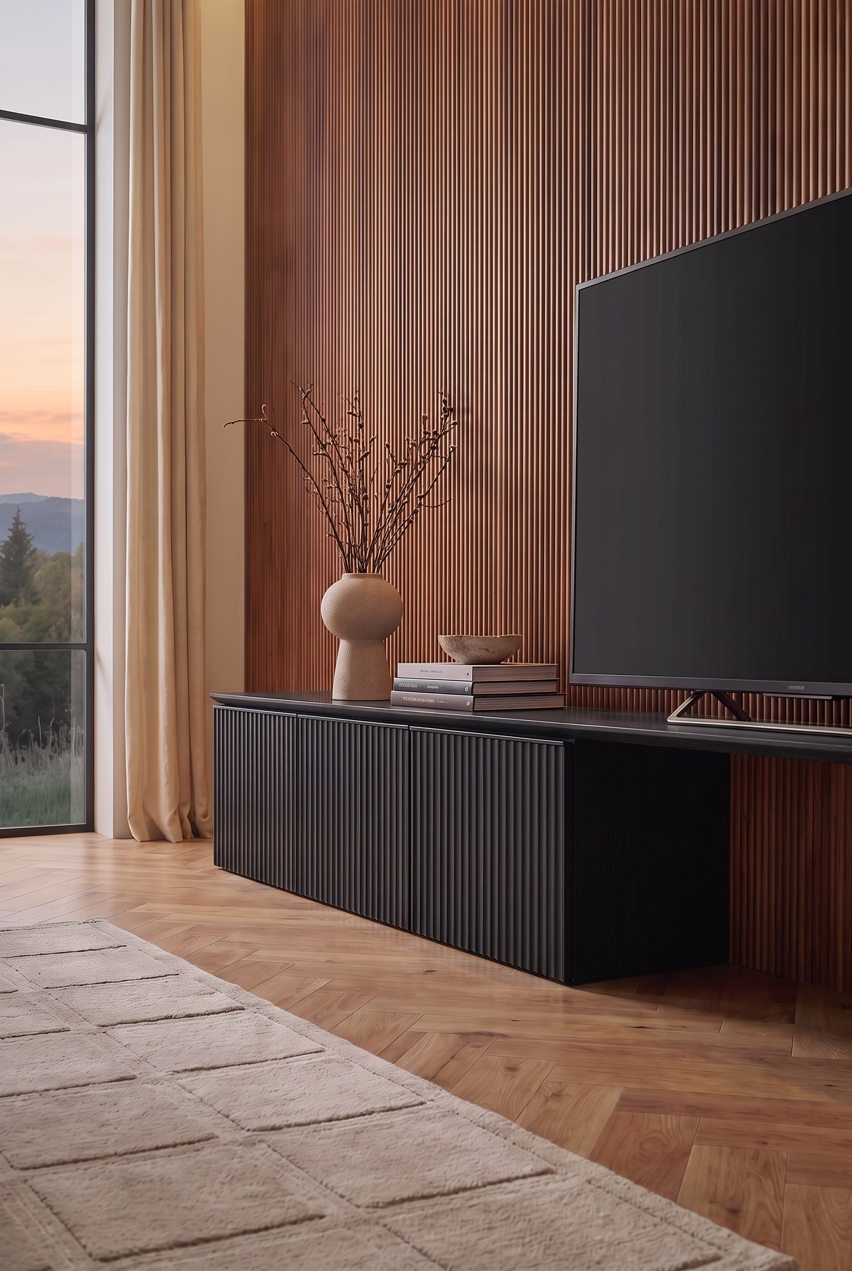 Detail of the black lowboard with a fluted front. On it are a beige vase with branches and some books next to the TV.