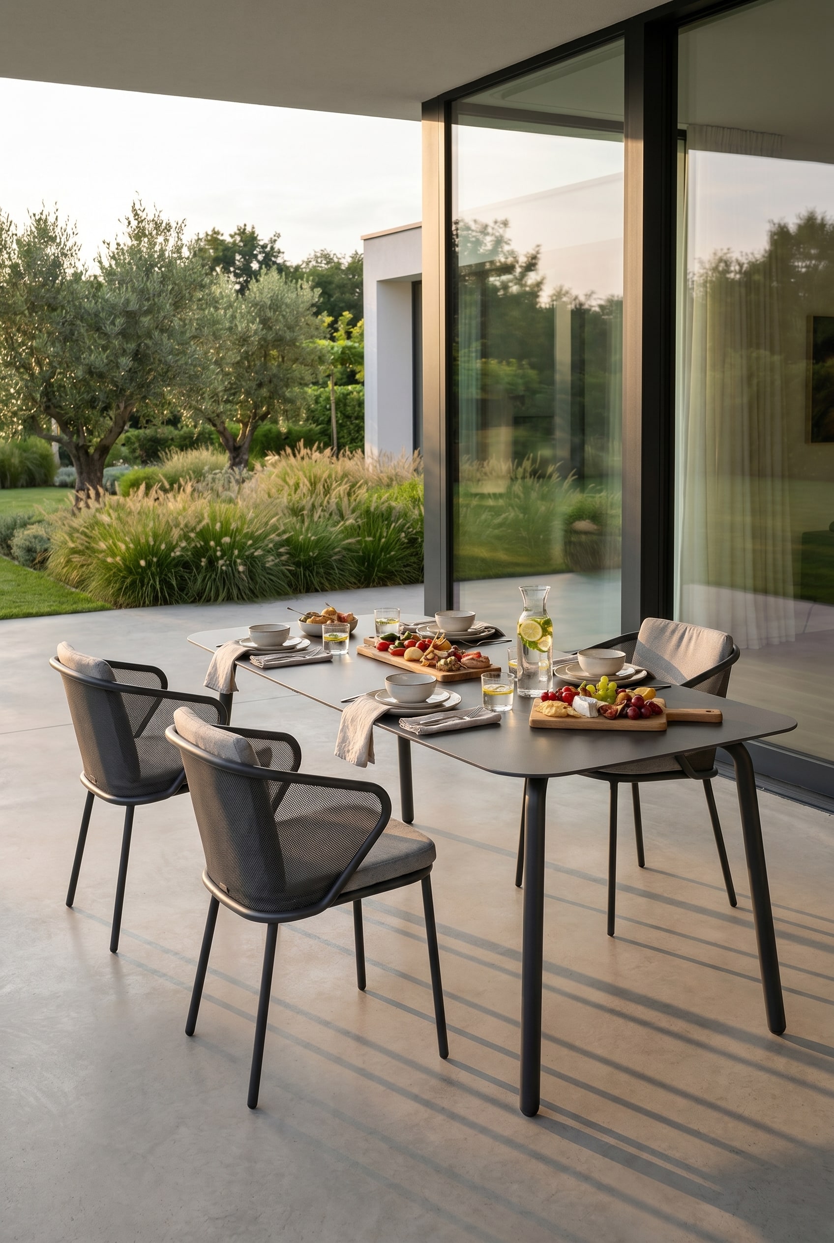 Ein puristischer Todus Condor Gartentisch, stilvoll gedeckt und kombiniert mit warmen Holzelementen auf einer modernen Terrasse.
