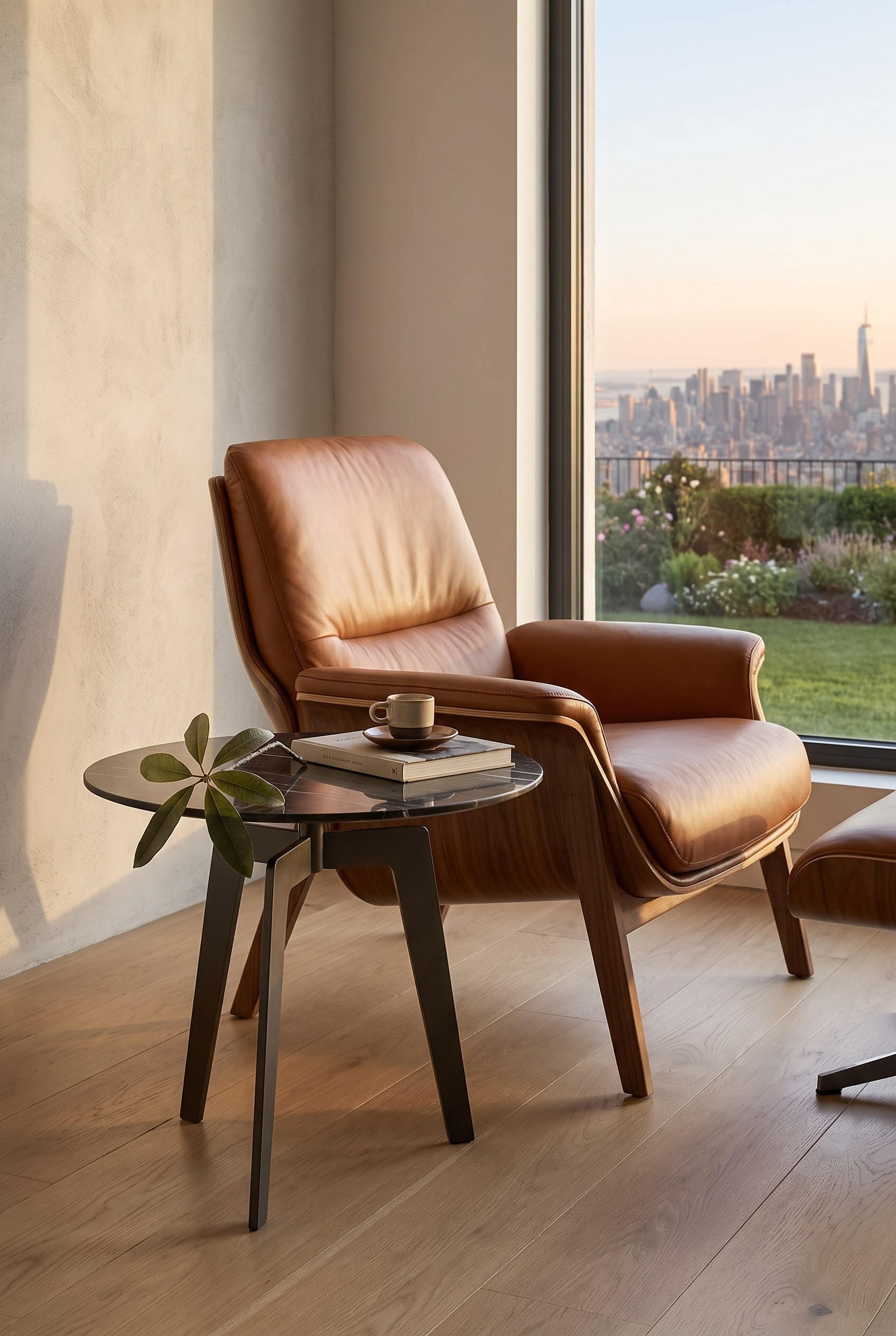 An elegant side table next to a cozy lounge armchair in a modernly furnished living room.