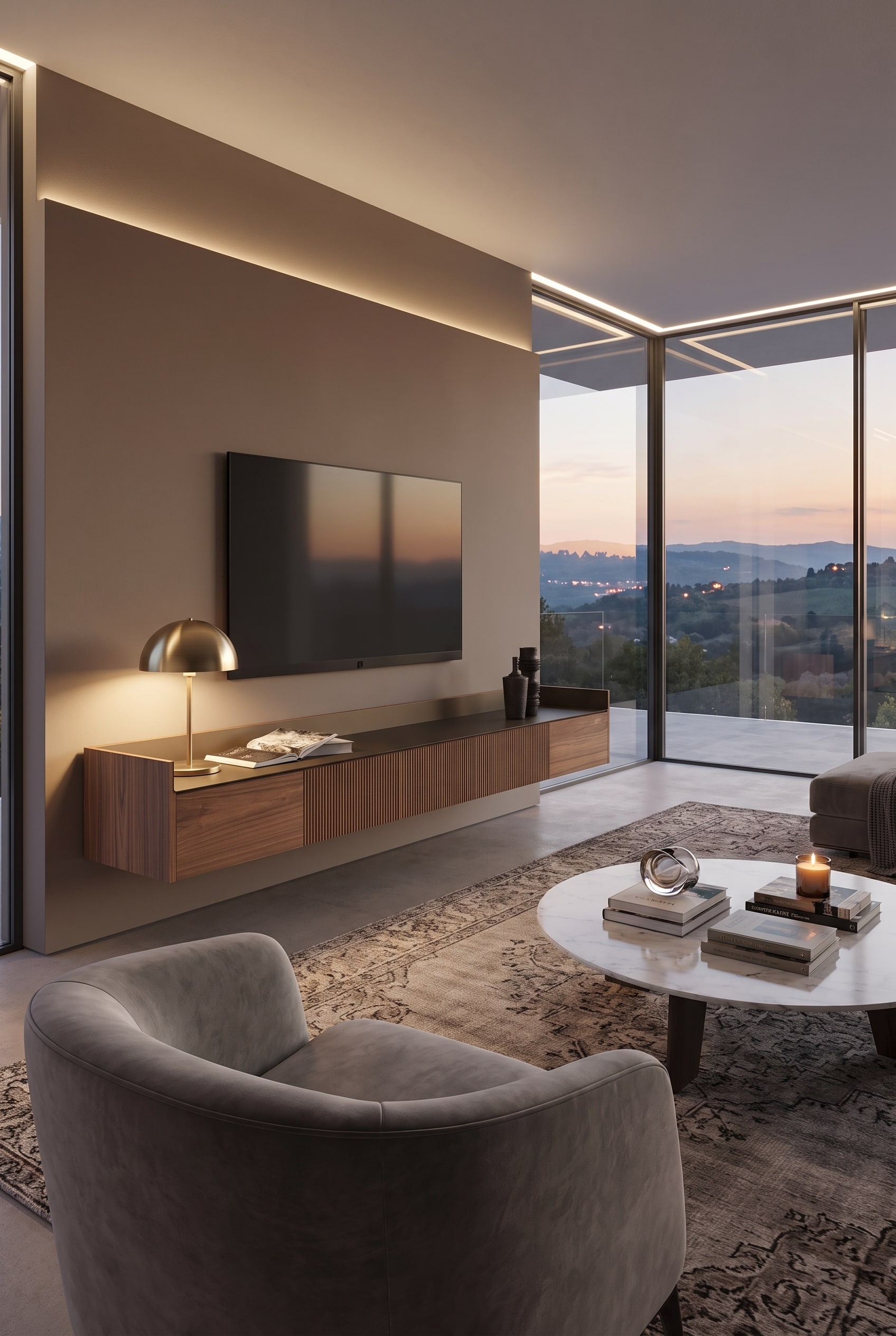 Elegant living room with a floating walnut lowboard, brass table lamp, and dark wall color