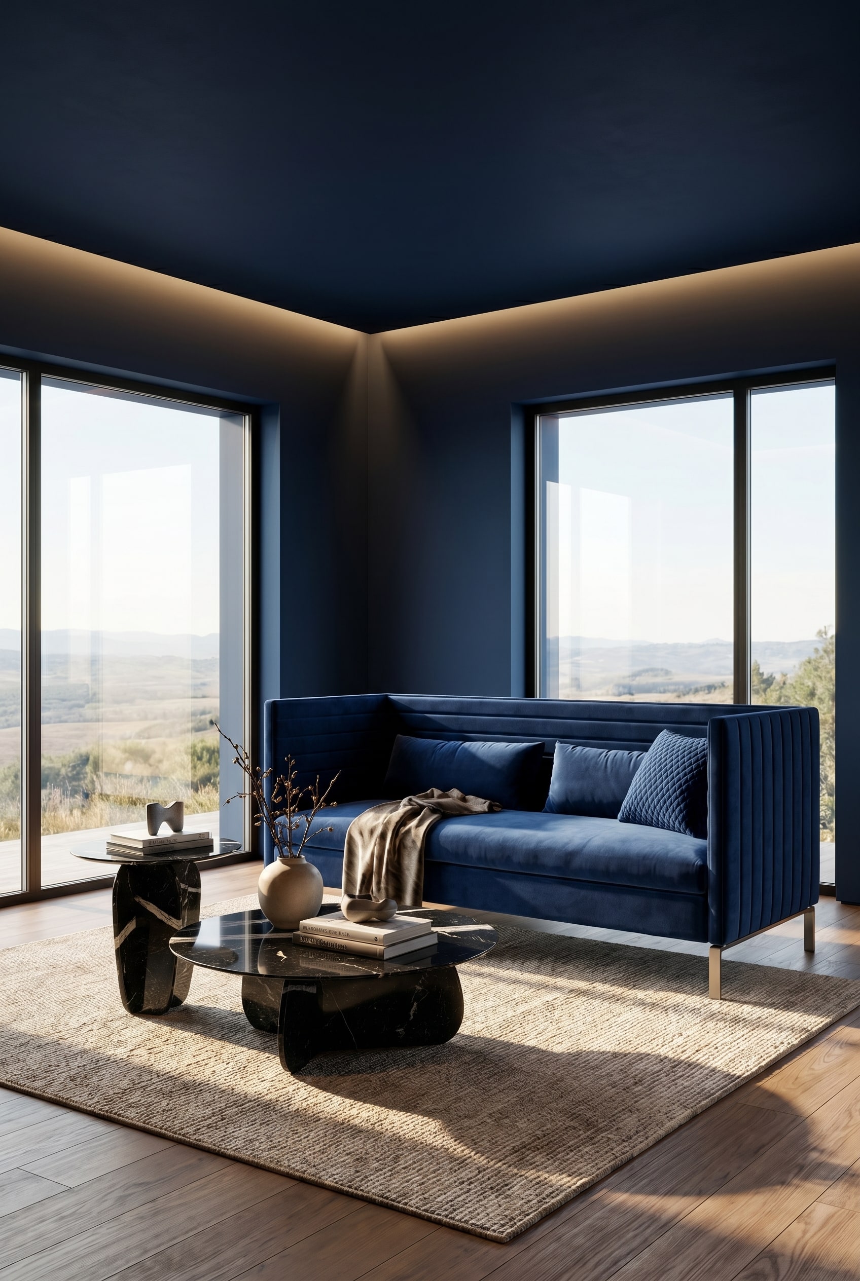 Wohnzimmer mit dunklem Cocooning-Farbkonzept in Mitternachtsblau und einem luxuriösen blauen Sofa mit vertikaler Steppung
