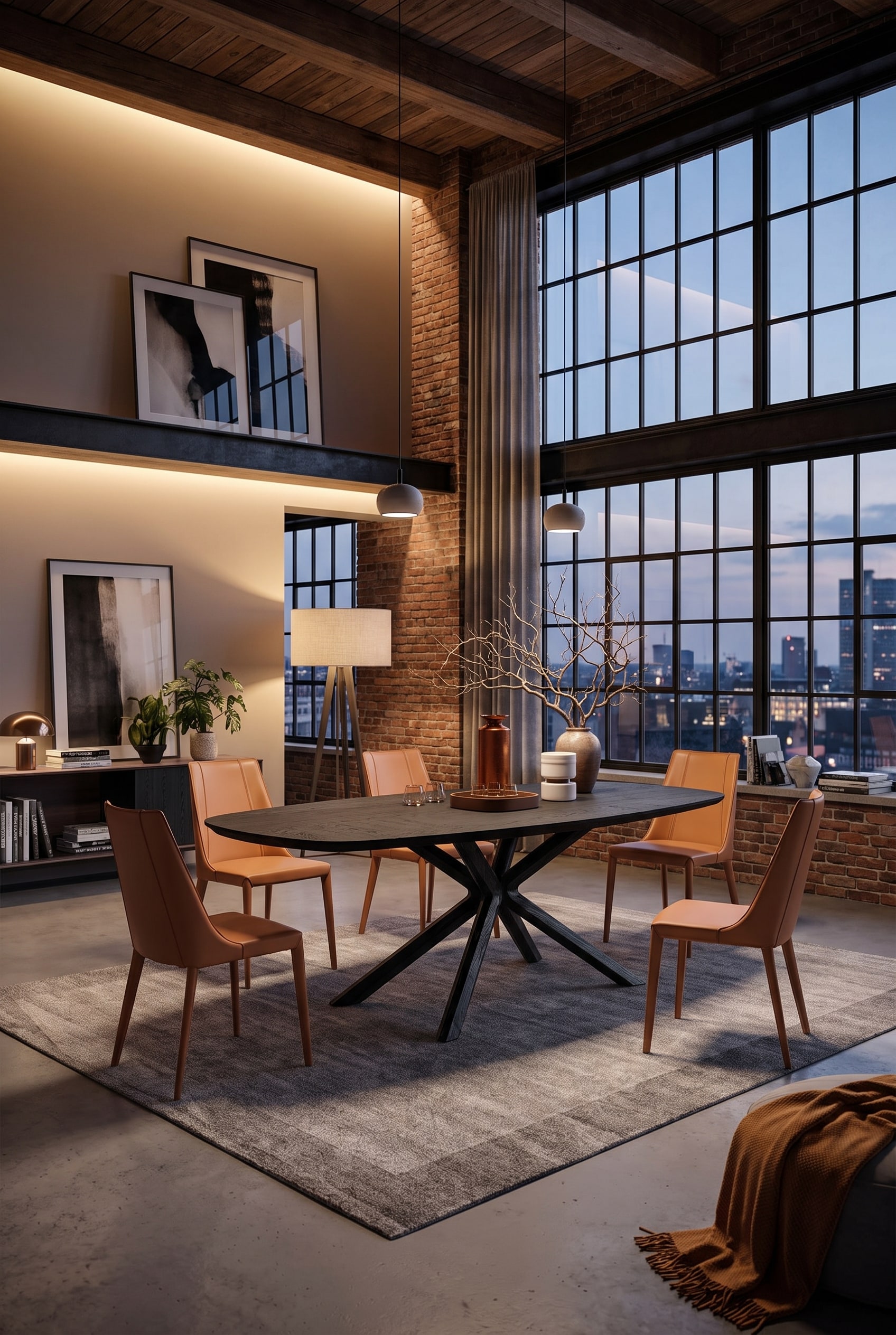 Spacious dining room in a loft with a large dark dining table with a cross base and modern chairs