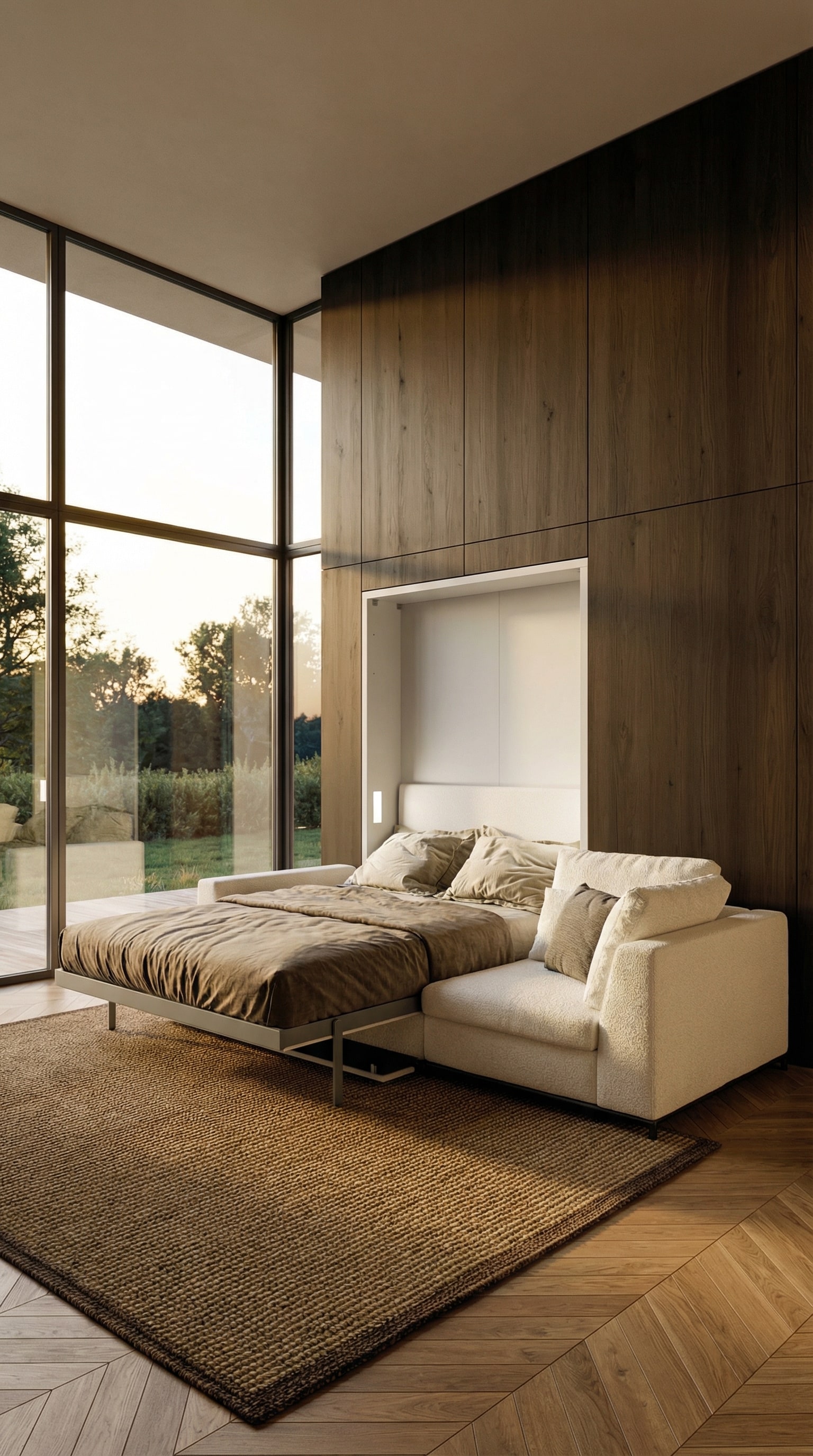 Ein luxuri&ouml;ses Lounge-Zimmer mit einem bequemen Sofa, hinter dem sich das Clei Tonale Schrankbett verbirgt.