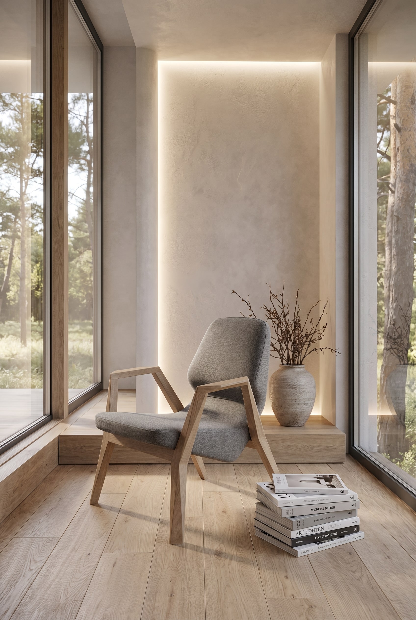 Skandinavisch inspiriertes Wohnzimmer mit Holzsessel und texturiertem Stoffbezug