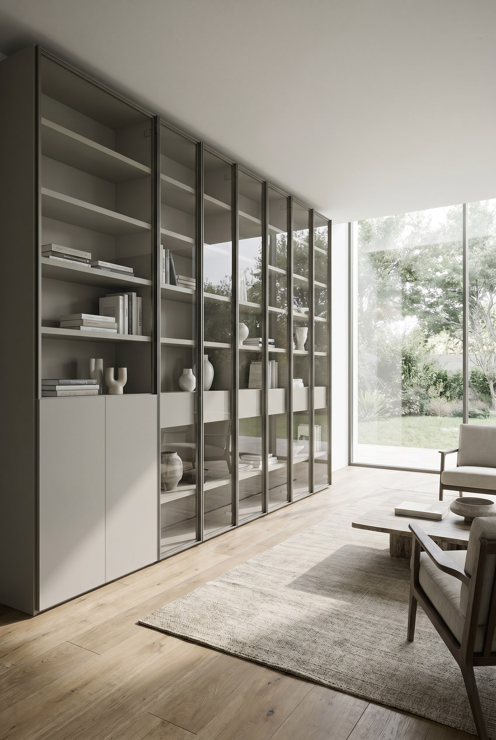 Gray modular metal shelving unit with extremely slim profiles and books in modern bright architecture