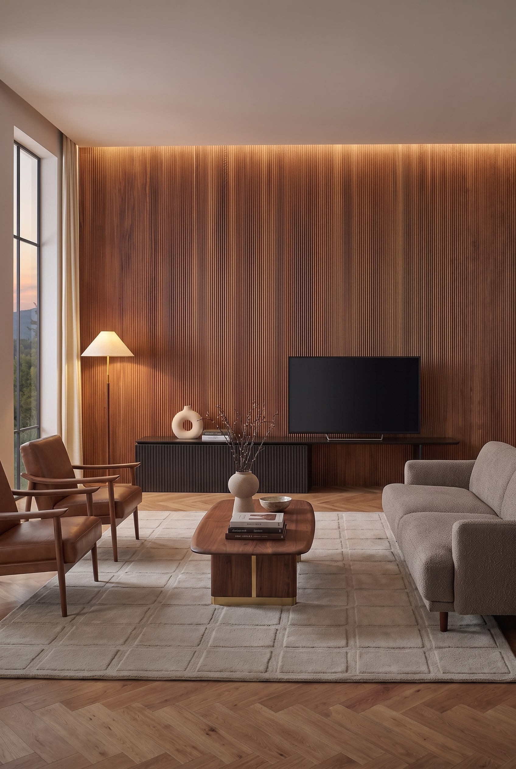 Frontal overall view of the living room with dark wooden slatted wall, black lowboard, TV, beige sofa, and leather armchairs.