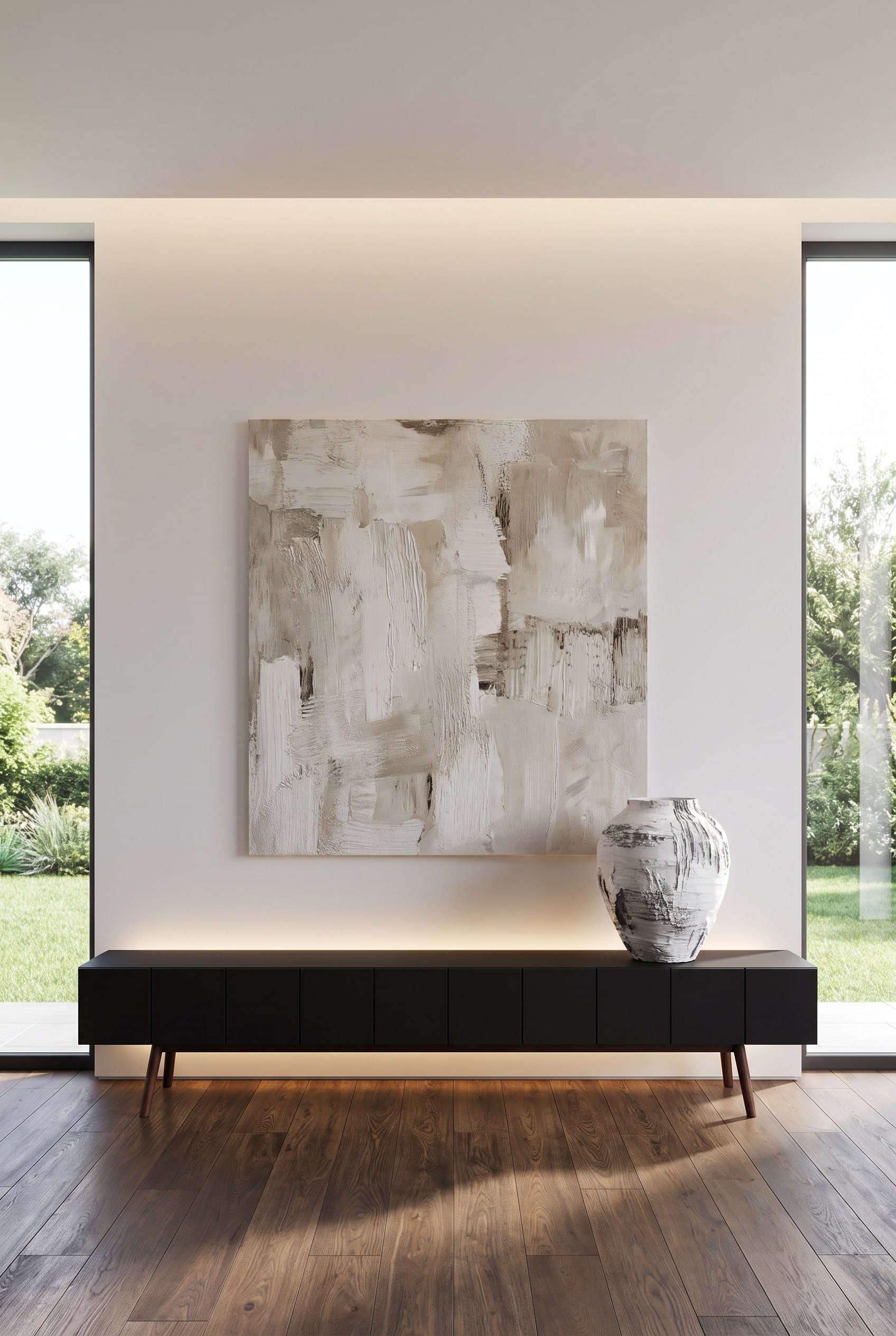 Kunstvolles Wohnzimmer mit grifflos strukturiertem Lowboard und gro&szlig;formatiger Design-Vase