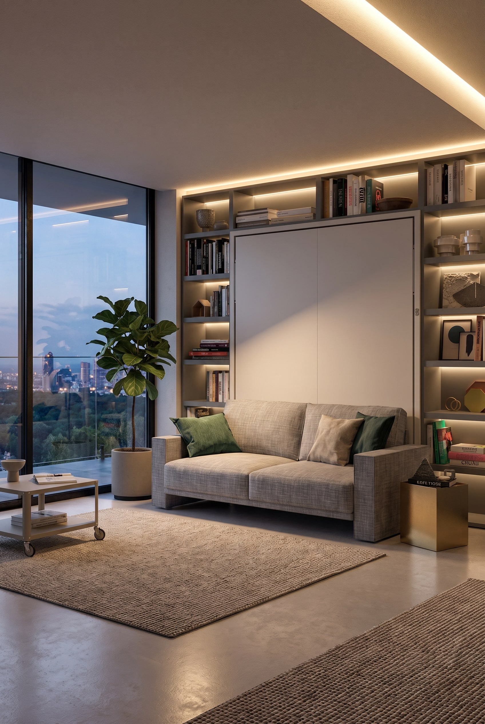 Wohnzimmer mit einem gro&szlig;en Wandschrank, an den frontal ein gem&uuml;tliches Lounge-Sofa montiert ist, daneben ein leichter Couchtisch auf Rollen