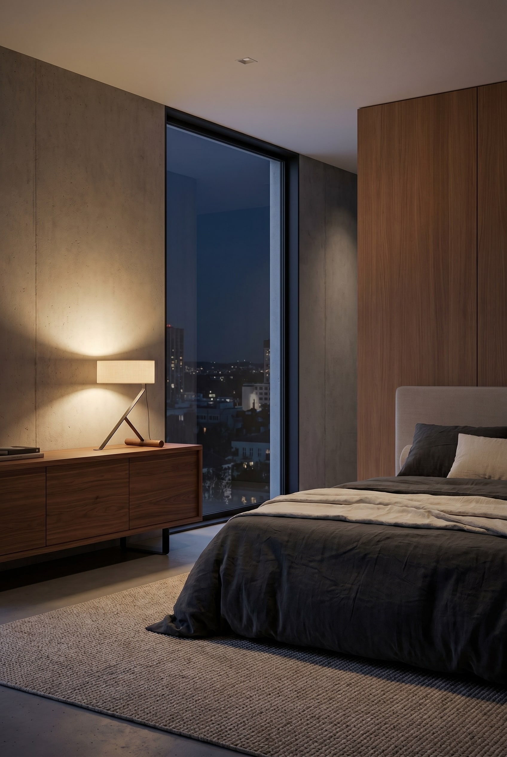 A modern table lamp on a wooden dresser, emitting soft, indirect light in the bedroom