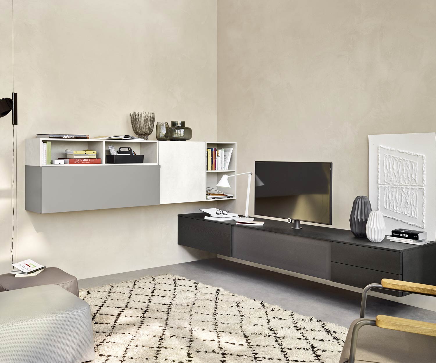 Livitalia Design Wohnwand C51 Eckwand in dunkel gebeizter Eiche furniert