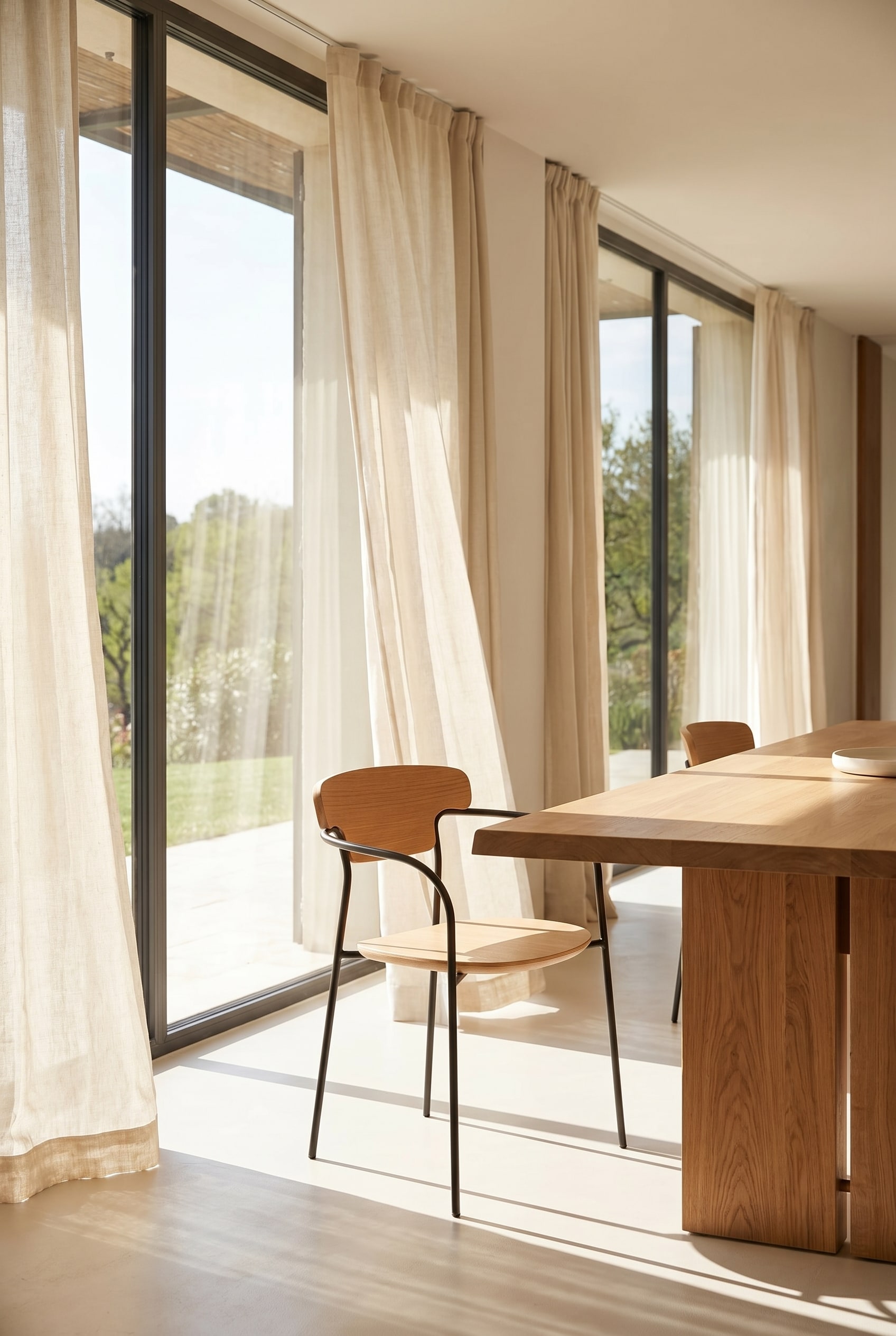 Bright dining room with a delicate wooden chair made of light oak and a black metal frame at the dining table
