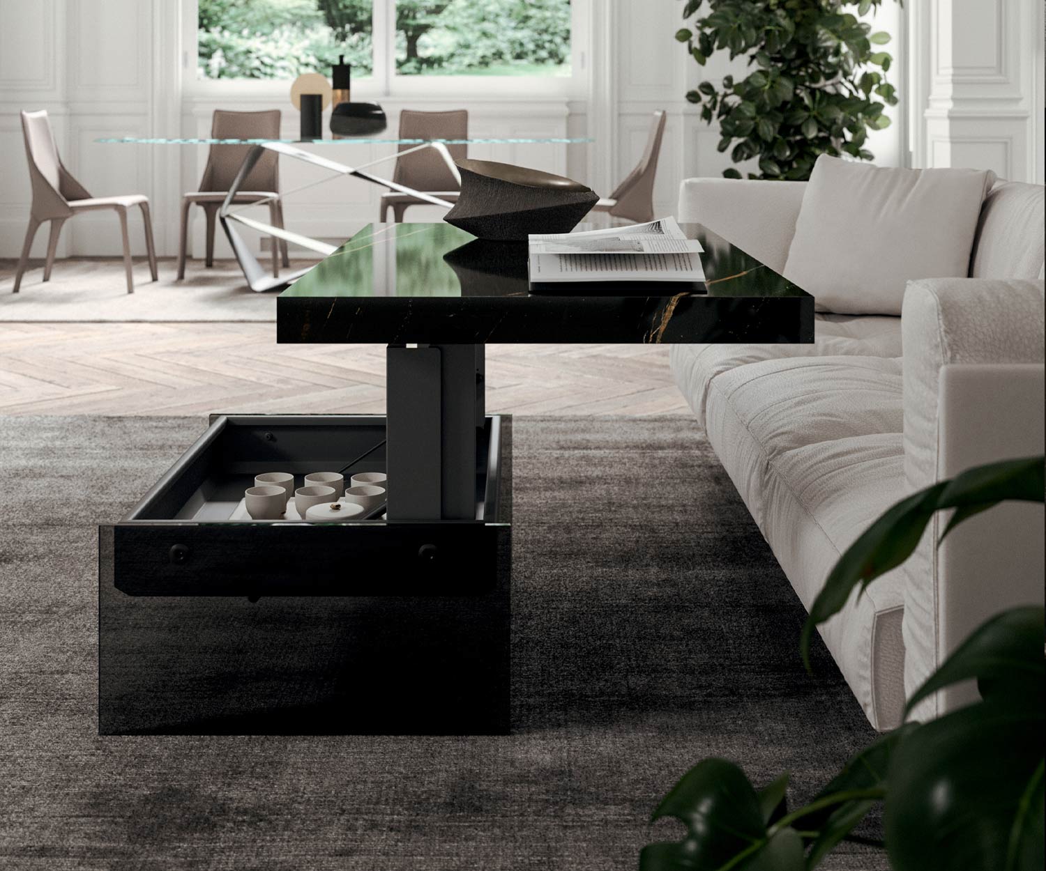 Couchtisch Bellagio Tischplatte Marmor Glas hochgeklappt Staufach
