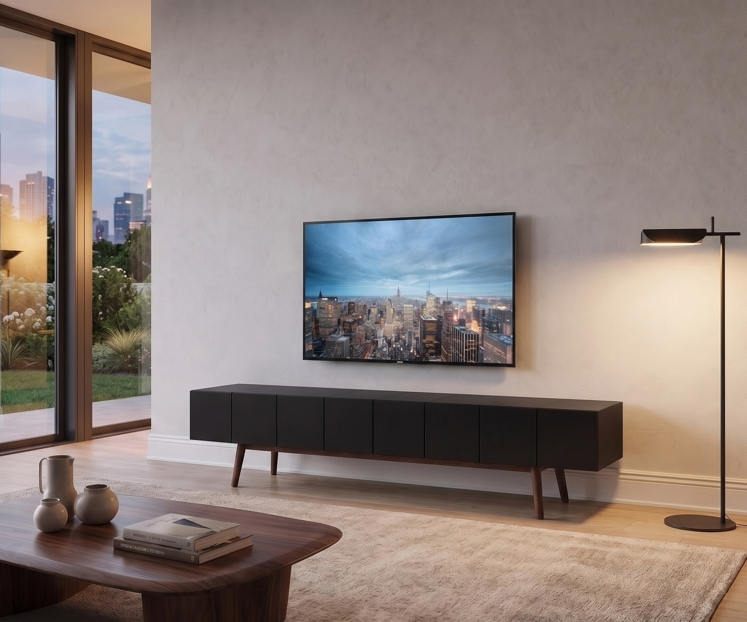 al2 TV-Lowboard MOS-I-KO 005 B in Schwarz al2 TV-Lowboard MOS-I-KO 005 B für Fernseher im modernen Wohnzimmer. Schwarzer Korpus mit eleganten Holzfüßen.