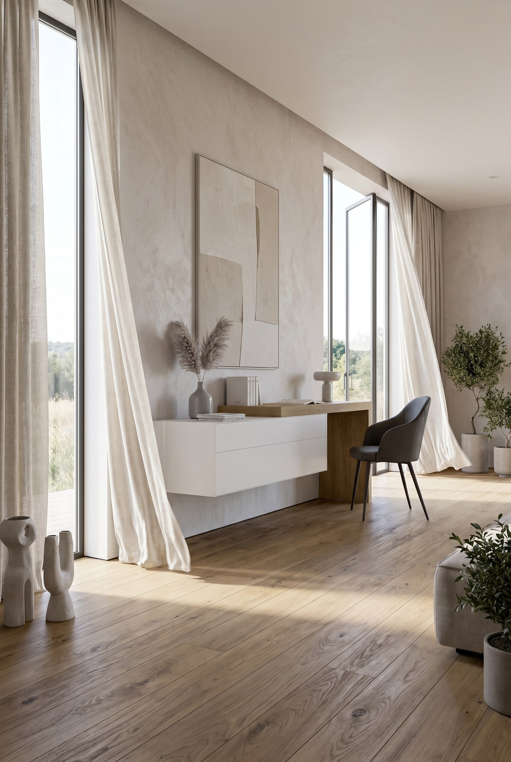 Lange, horizontale schwebende Wandkommode in einem hellen, luxuriösen Wohnzimmer. Lange, horizontale schwebende Wandkommode in einem hellen, luxuriösen Wohnzimmer.