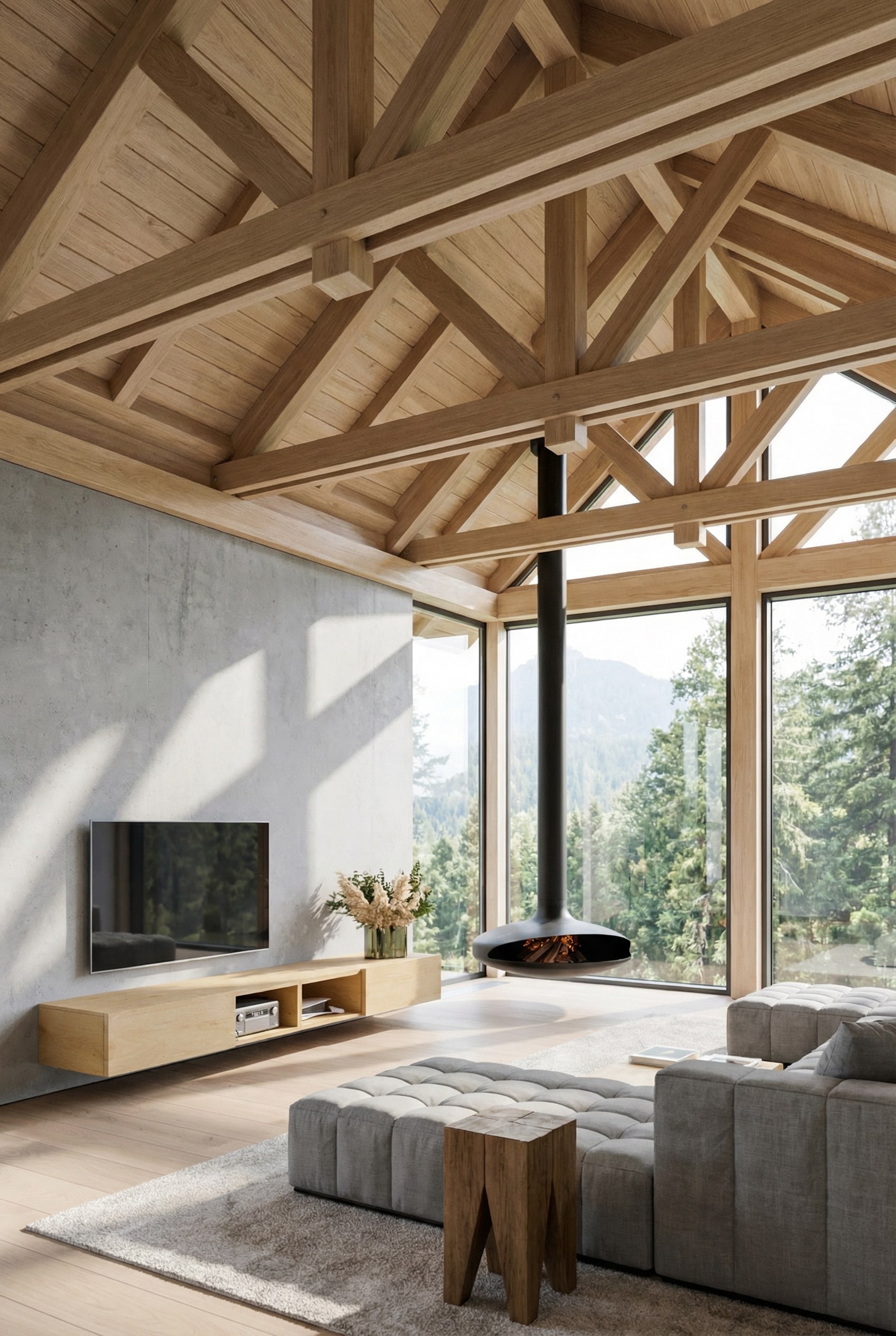 Holz Lowboard vor einer modernen Betonwand im Wohnzimmer