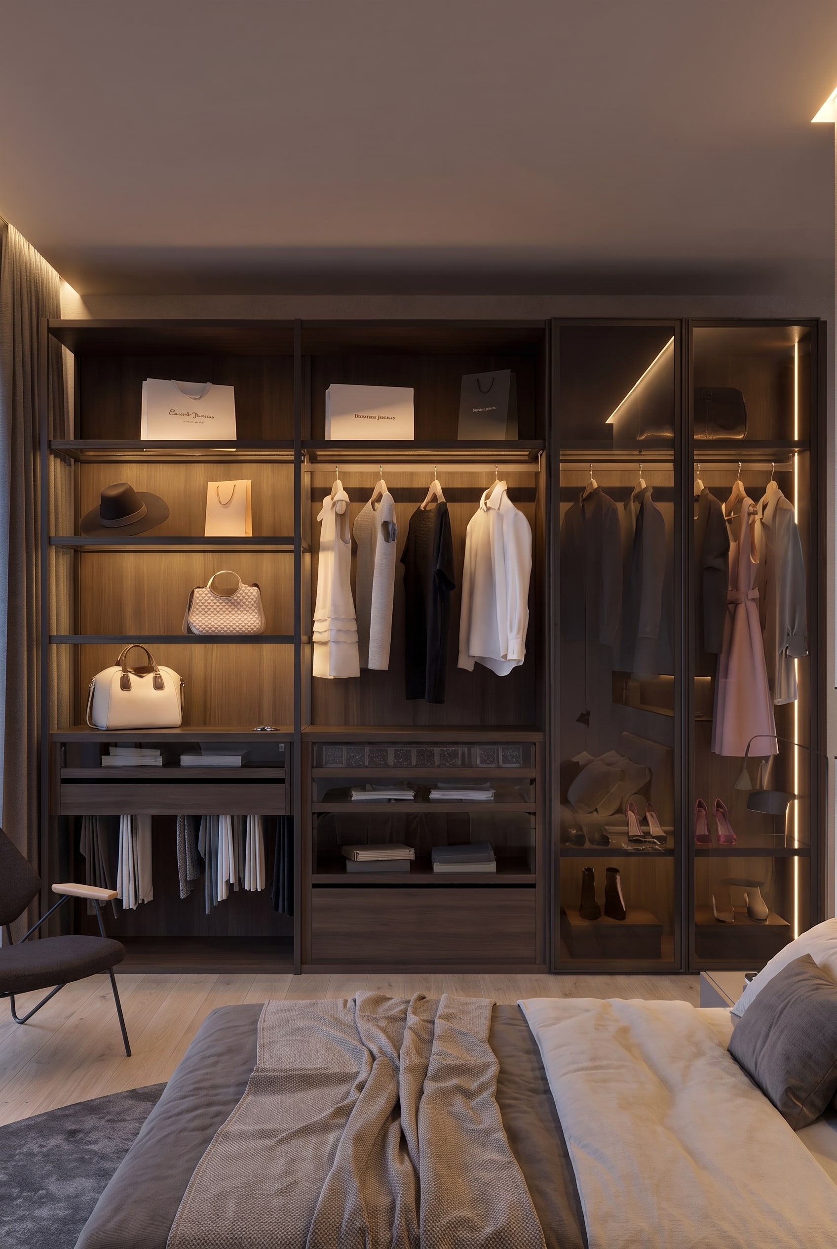 Front view of a large wardrobe system with a mix of open shelves in the middle and glass doors on the right side.