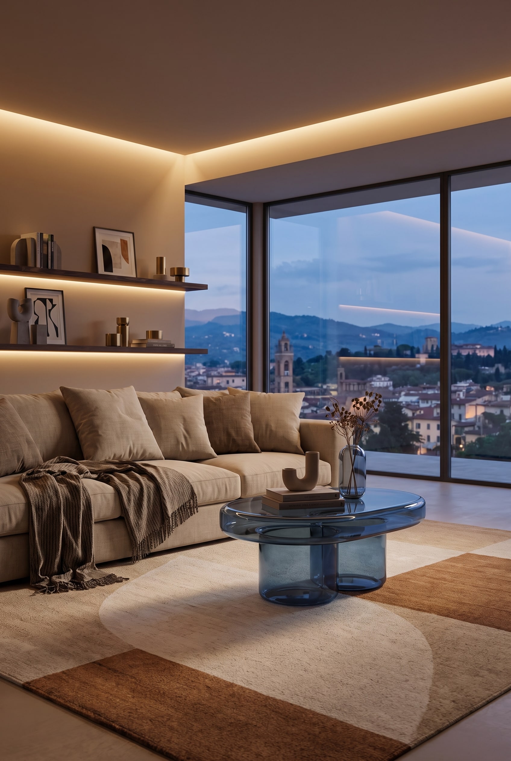 Gallery-like living room with an oval, sculptural glass coffee table, on which only a single art book and a vase are minimally placed.