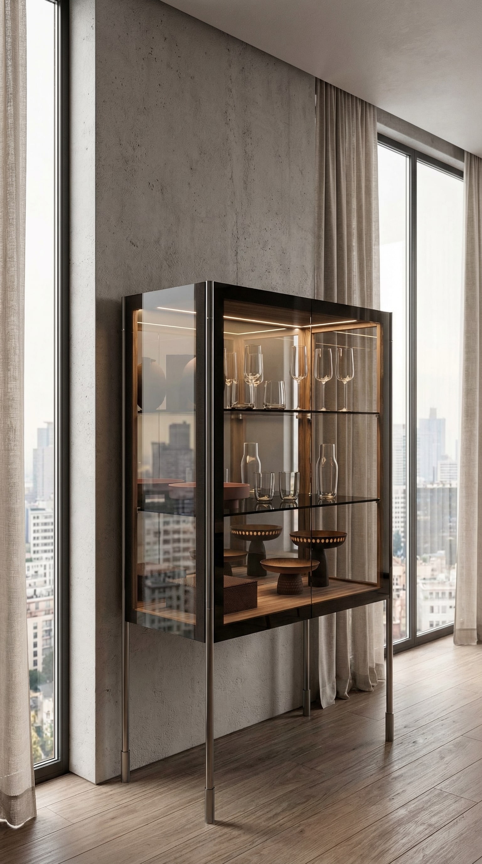 Capo d&acute;Opera Spin Highboard Glasvitrine mit kuratierten Kunstobjekten im Inneren.
