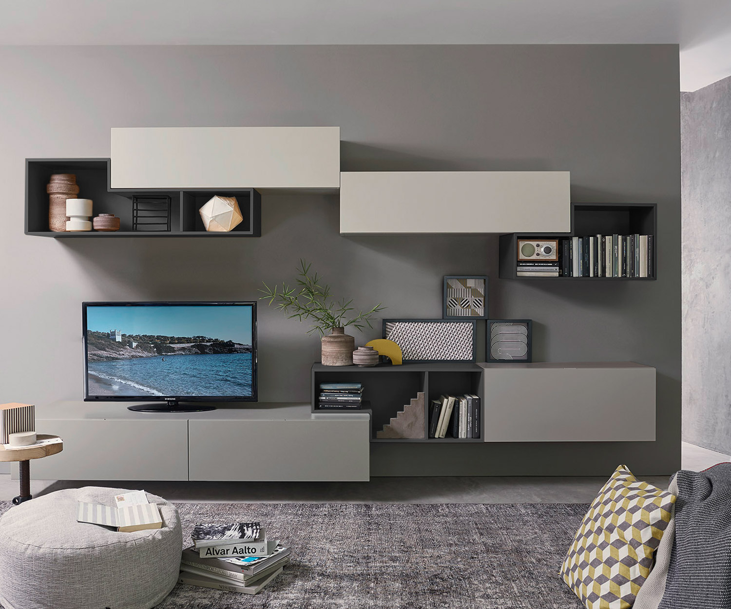 Exclusive Livitalia Tetris design wall unit C19 Floating in grey and white matt Exclusive Livitalia Tetris design wall unit C19 Floating in grey and white matt