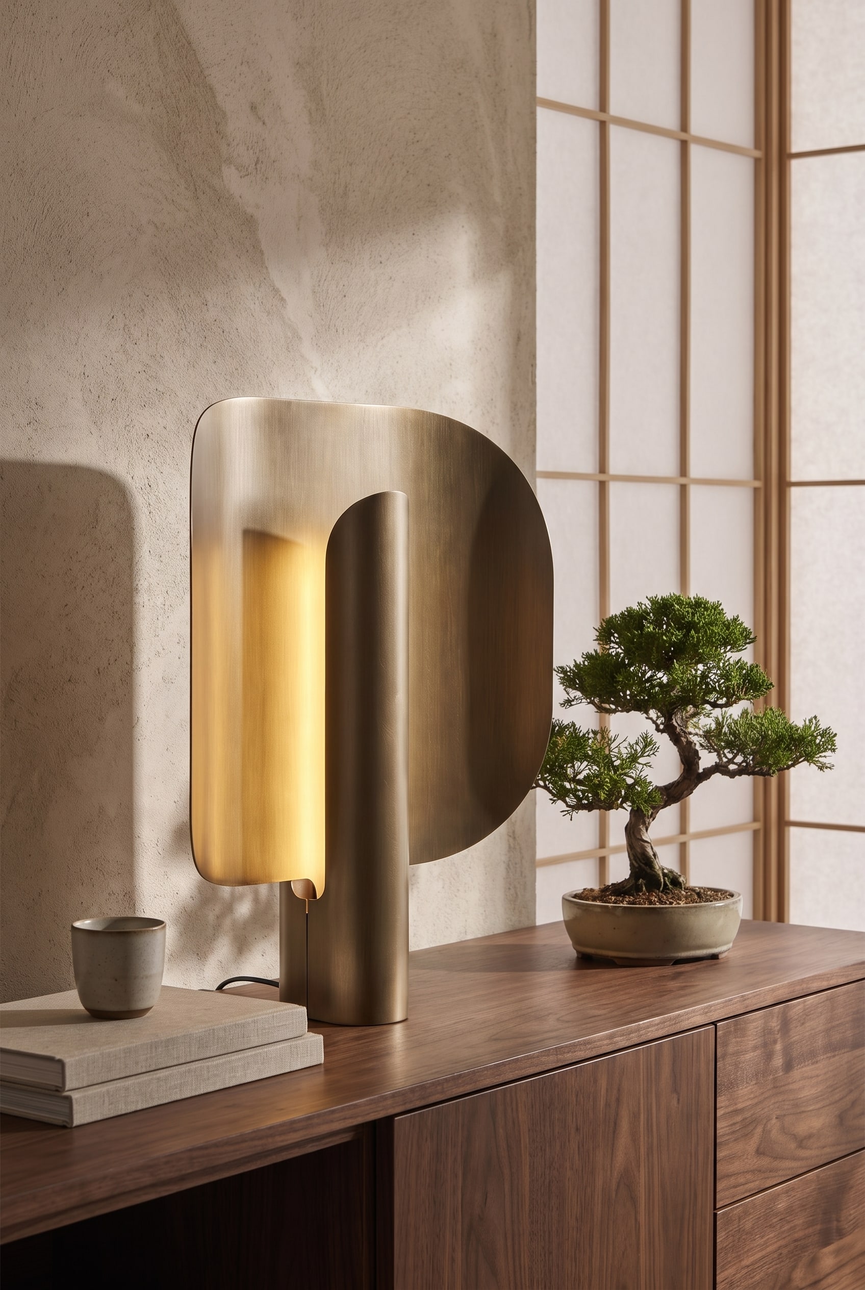 Detailed shot of a walnut sideboard with a table lamp with a wooden shade, emitting warm light