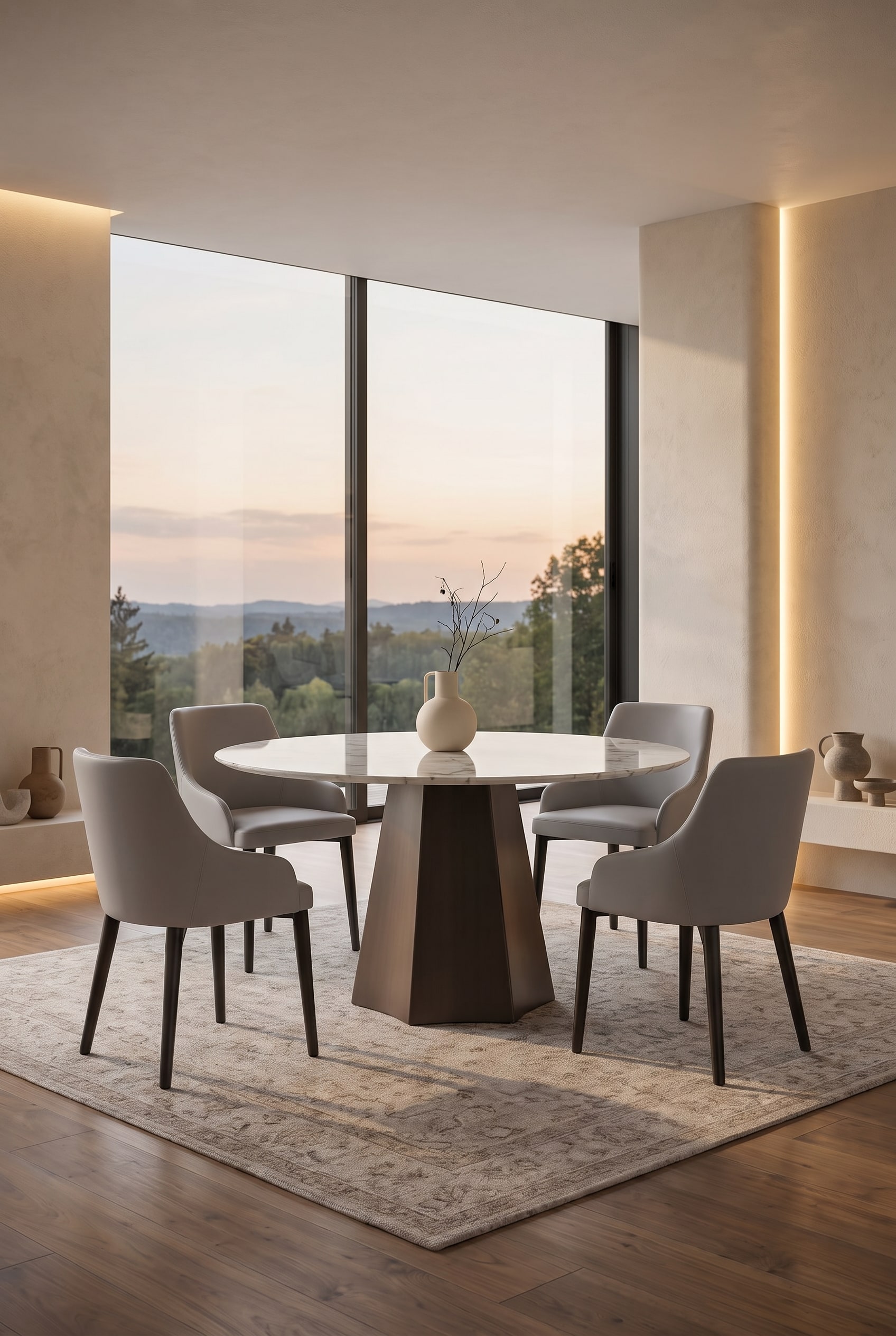 Ein luxuriöses Esszimmer mit dem runden Livitalia Keramik Esstisch Poliedro als stilvollem Mittelpunkt. Ein luxuriöses Esszimmer mit dem runden Livitalia Keramik Esstisch Poliedro als stilvollem Mittelpunkt.