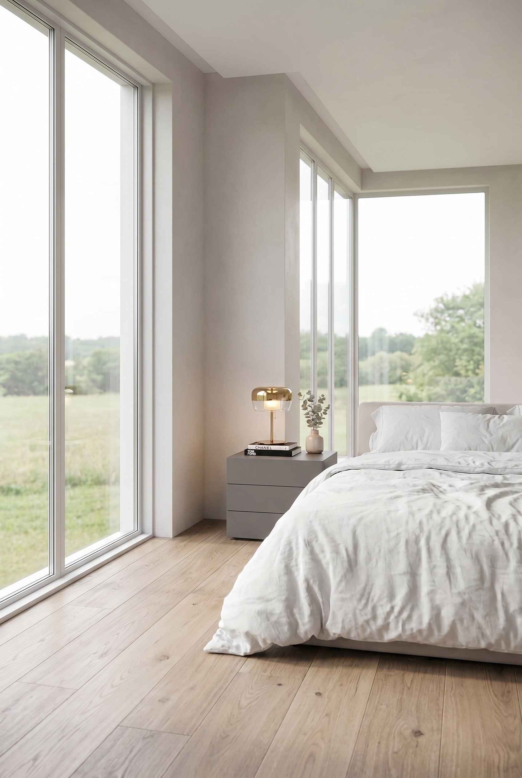 Ein aufger&auml;umtes, modern eingerichtetes Schlafzimmer mit Fokus auf den harmonischen Stauraum neben dem Bett.