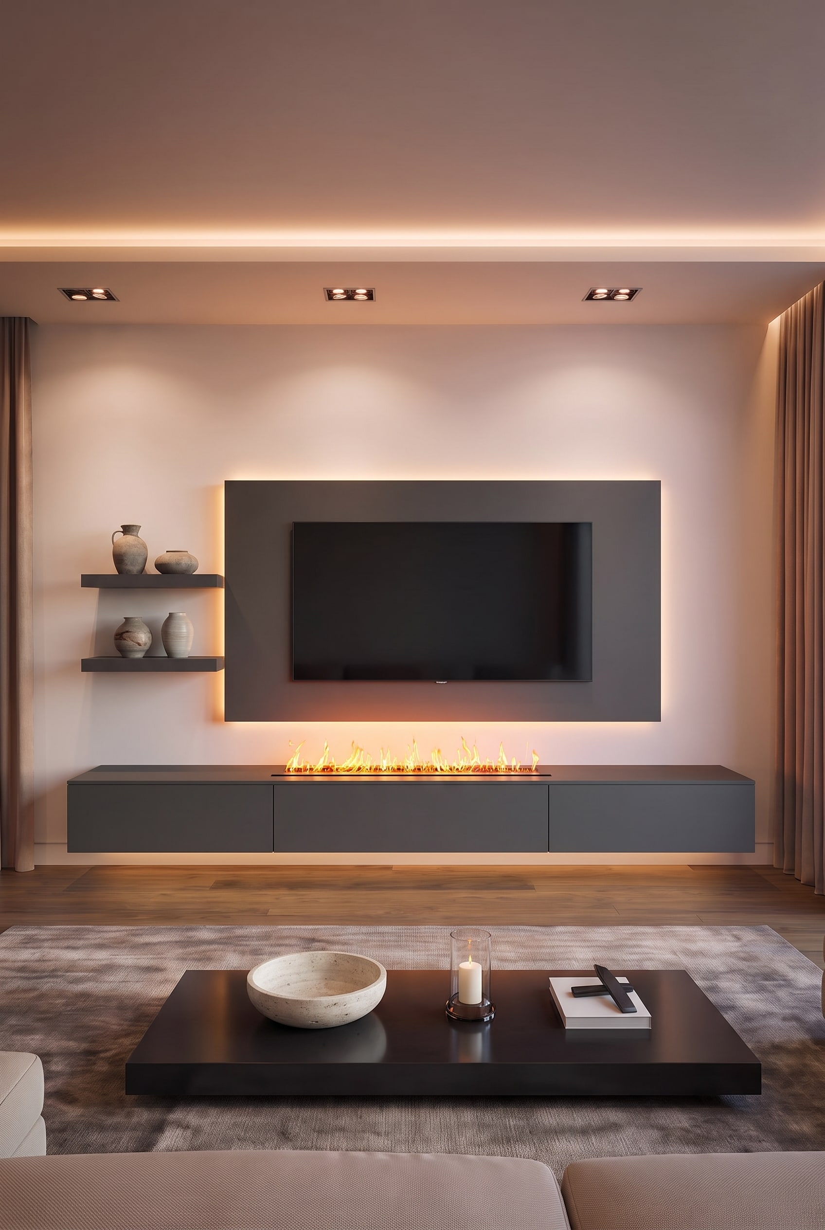 Wide, floating lowboard with TV panel and optional electric fireplace
