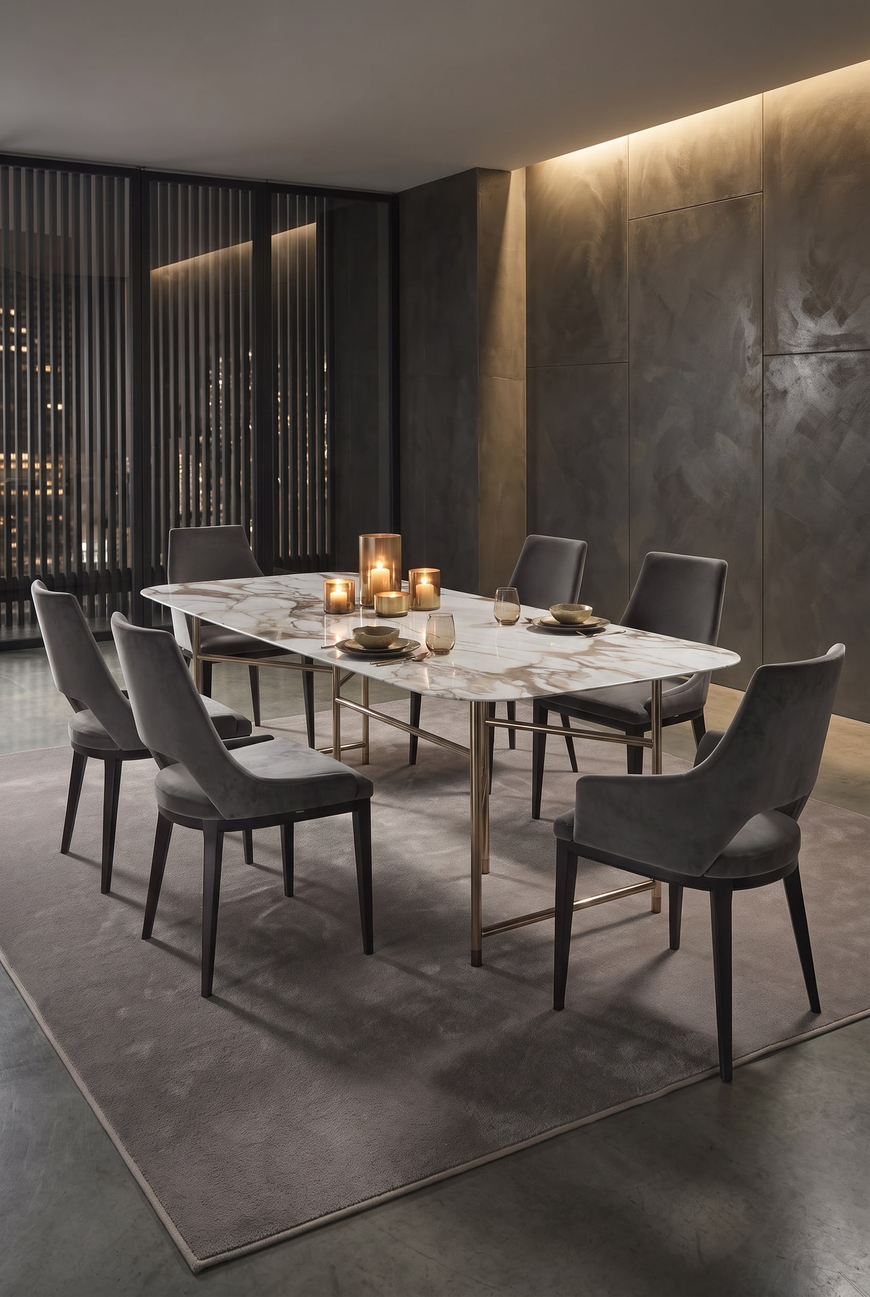 Luxurious dining room with marble dining table, low brass tealight holders and dark grey velvet chairs
