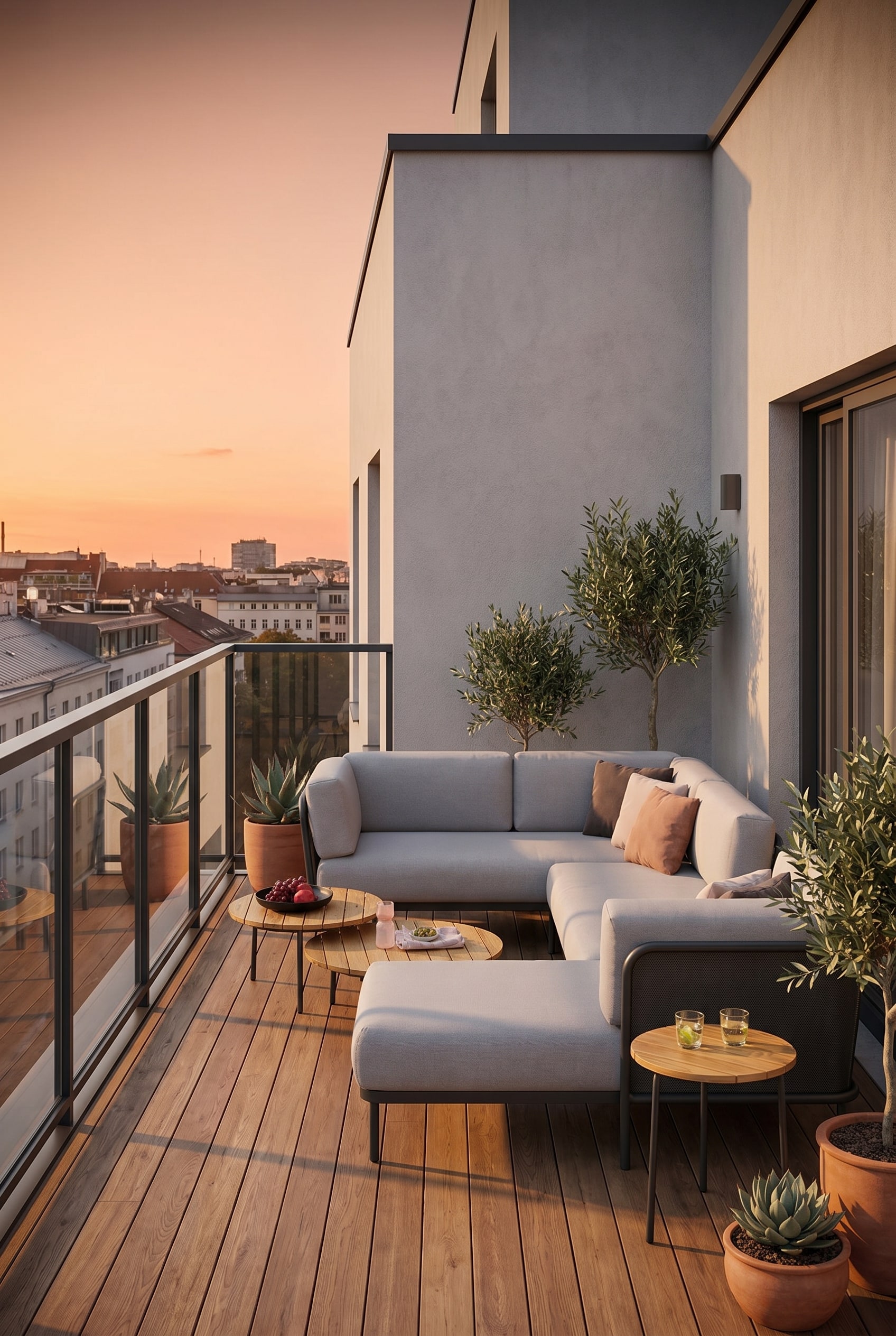 Moderner Stadtbalkon mit einem niedrigen, hellgrauen Outdoor-Sofa und filigranem Gestell vor einer verputzten Hausfassade im Abendlicht
