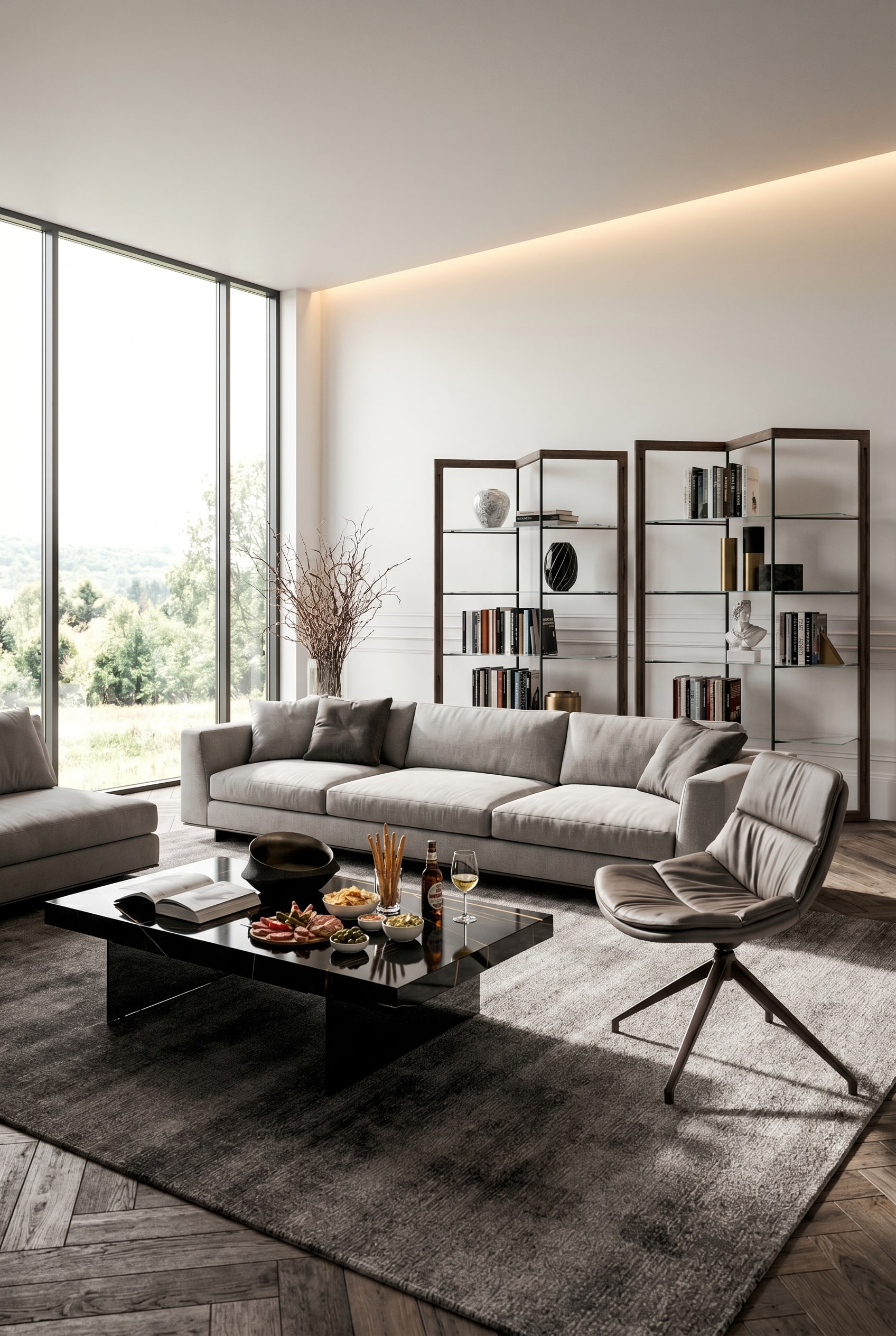 Modernes Wohnzimmer mit großzügigem rechteckigem Ozzio Bellagio Couchtisch aus Glas und Holz, platziert vor einem eleganten Stoffsofa