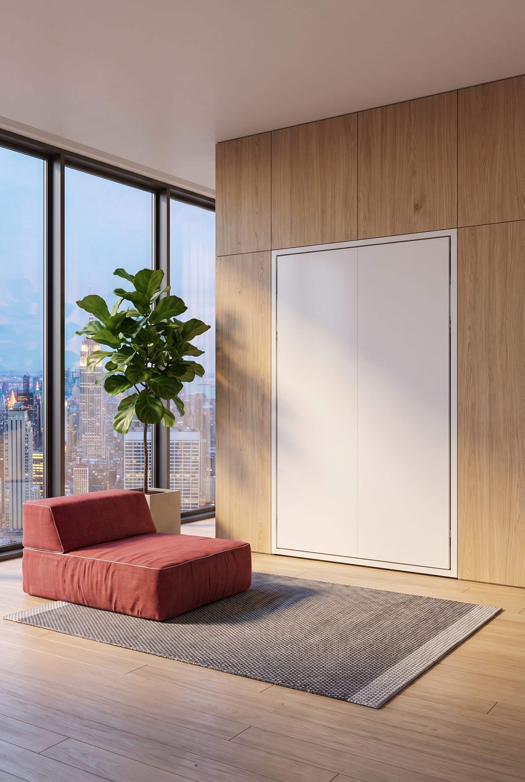 Minimalistischer Raum mit einem völlig flächenbündig integrierten Bettschrank, der wie eine luxuriöse Wandvertäfelung wirkt. Minimalistischer Raum mit einem völlig flächenbündig integrierten Bettschrank, der wie eine luxuriöse Wandvertäfelung wirkt.